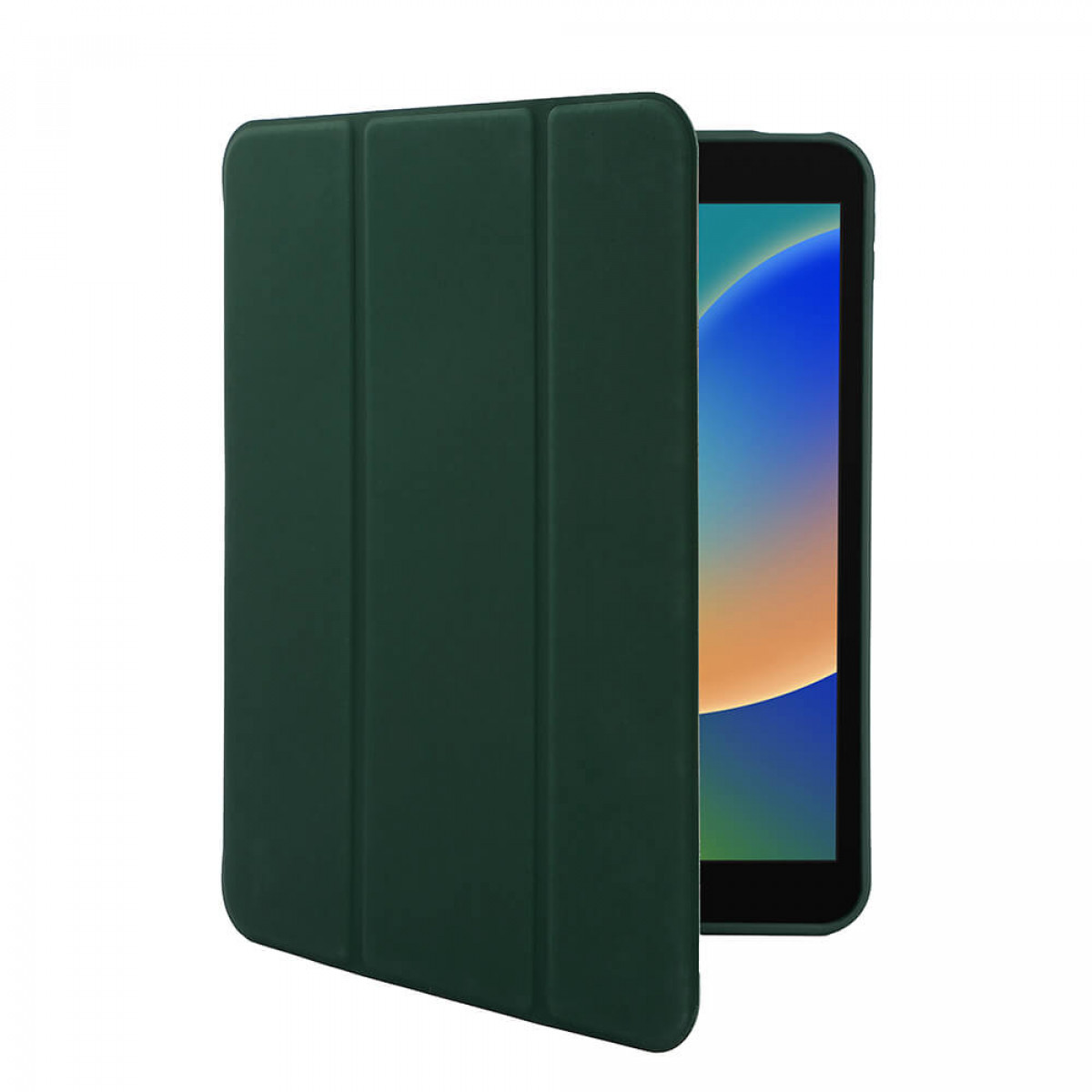 Eine grüne Tablethülle ist geöffnet. Der Tablet-Bildschirm ist sichtbar. Der Hintergrund ist weiß.