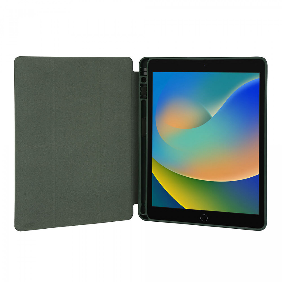 Eine offene iPad-Hülle mit einem Stift. Der Bildschirm hat eine digitale Anzeige.