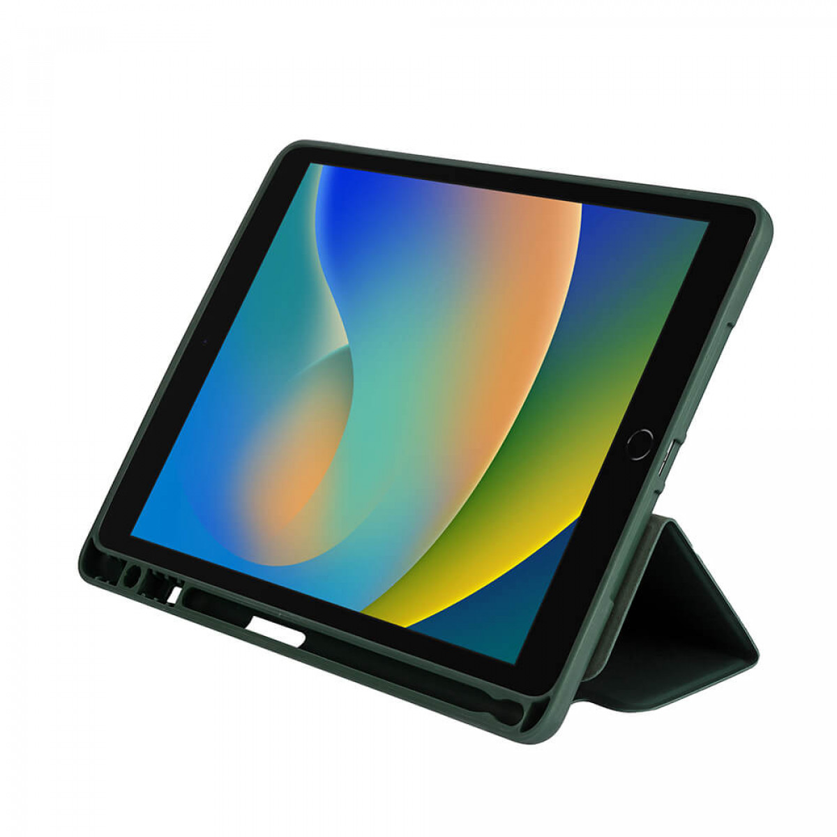 Ein iPad in einer dunkelgrünen Hülle, abgewinkelt, mit einem farbenfrohen Hintergrund auf dem Bildschirm.