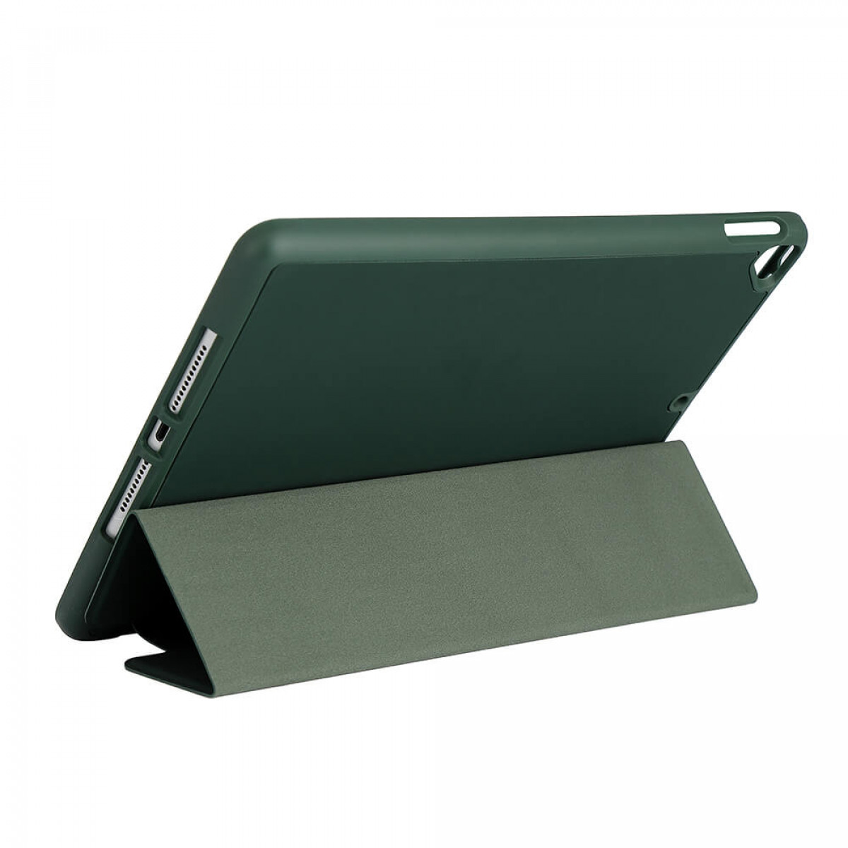 Grüne Tablethülle, geöffnet, stützt das Tablet in einem Winkel.