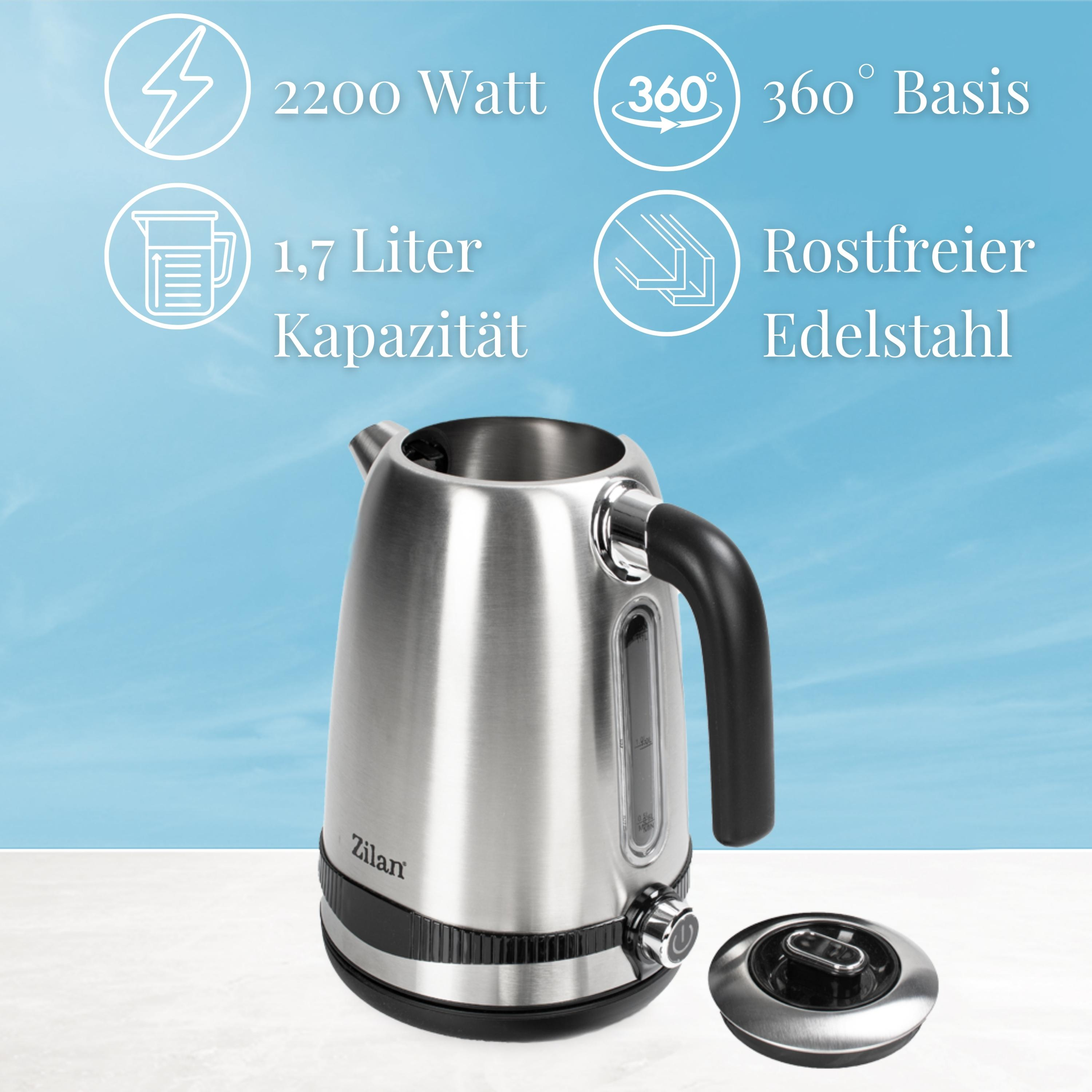 Silberner Wasserkocher mit schwarzem Griff und Sockel. Text kennzeichnet Leistung, Kapazität und Edelstahl.