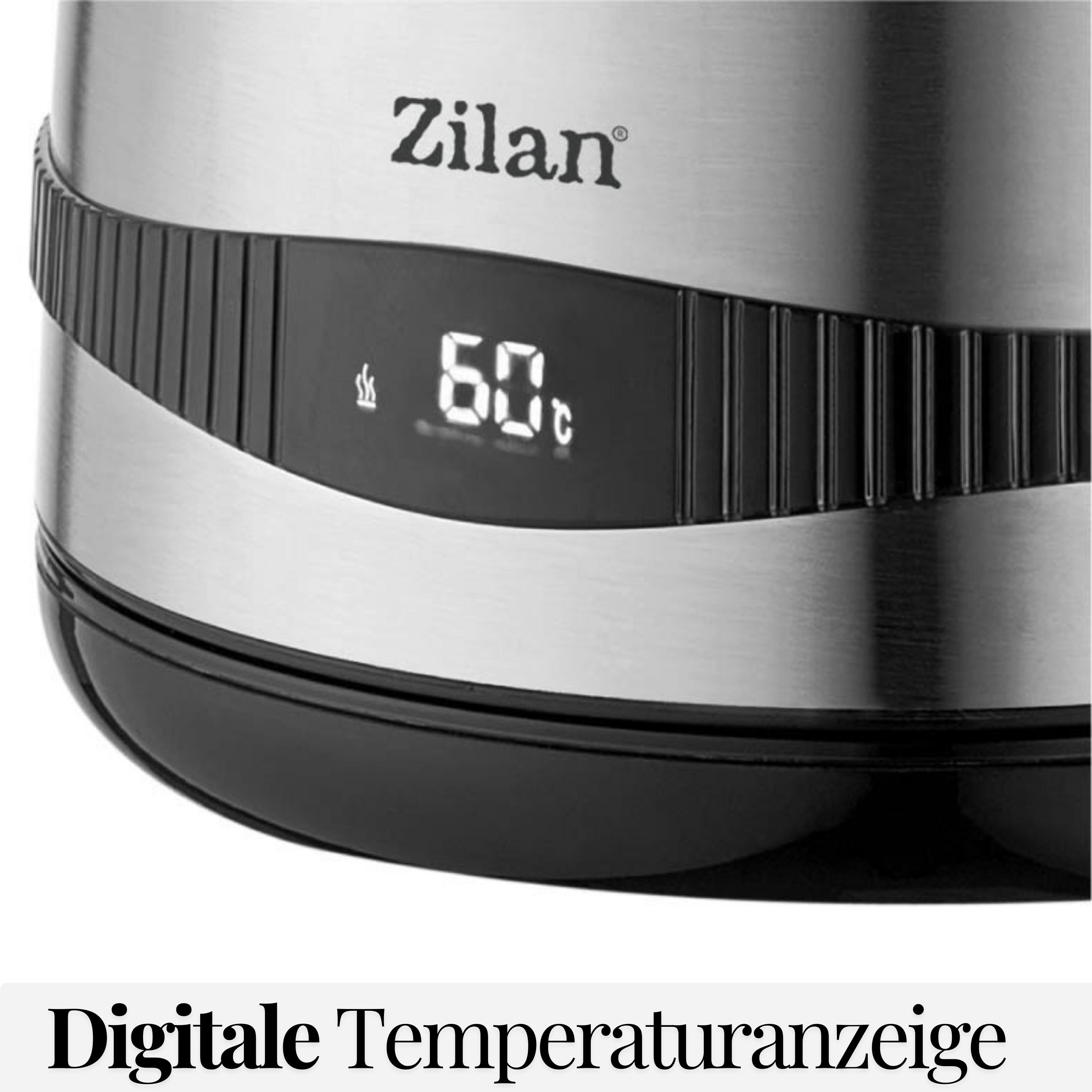 Nahaufnahme eines schwarzen und silbernen Wasserkochers. Digitale Temperaturanzeige zeigt 60 Grad.