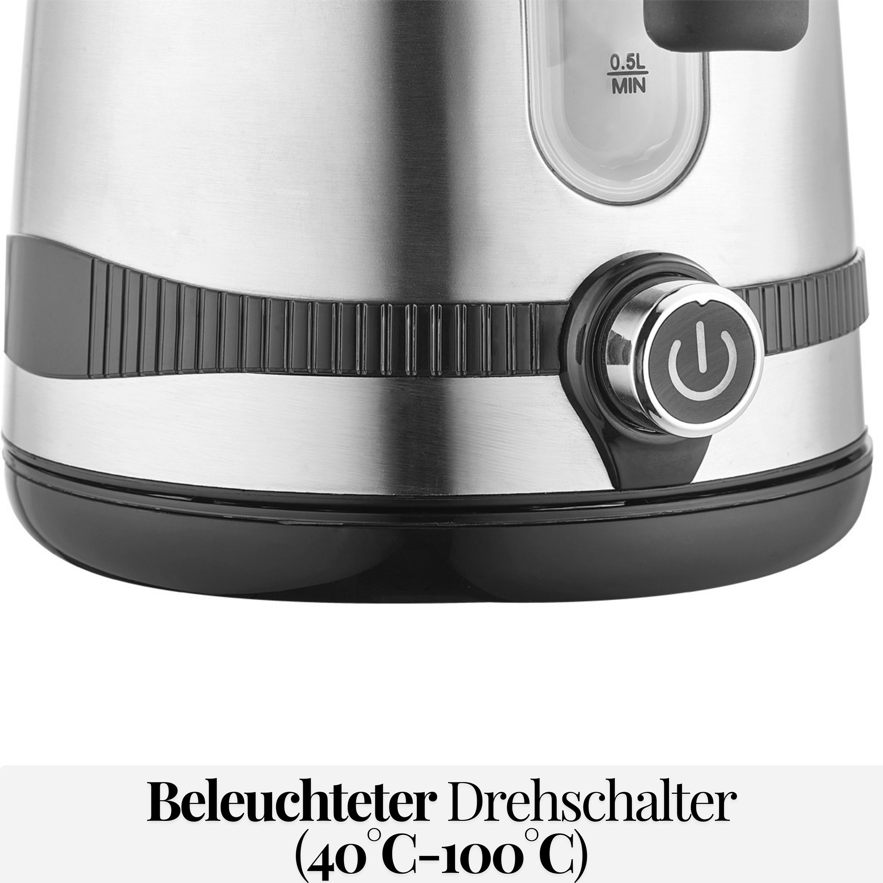 Nahaufnahme eines silber-schwarzen Wasserkochers. Zeigt den Ein-/Ausschalter.