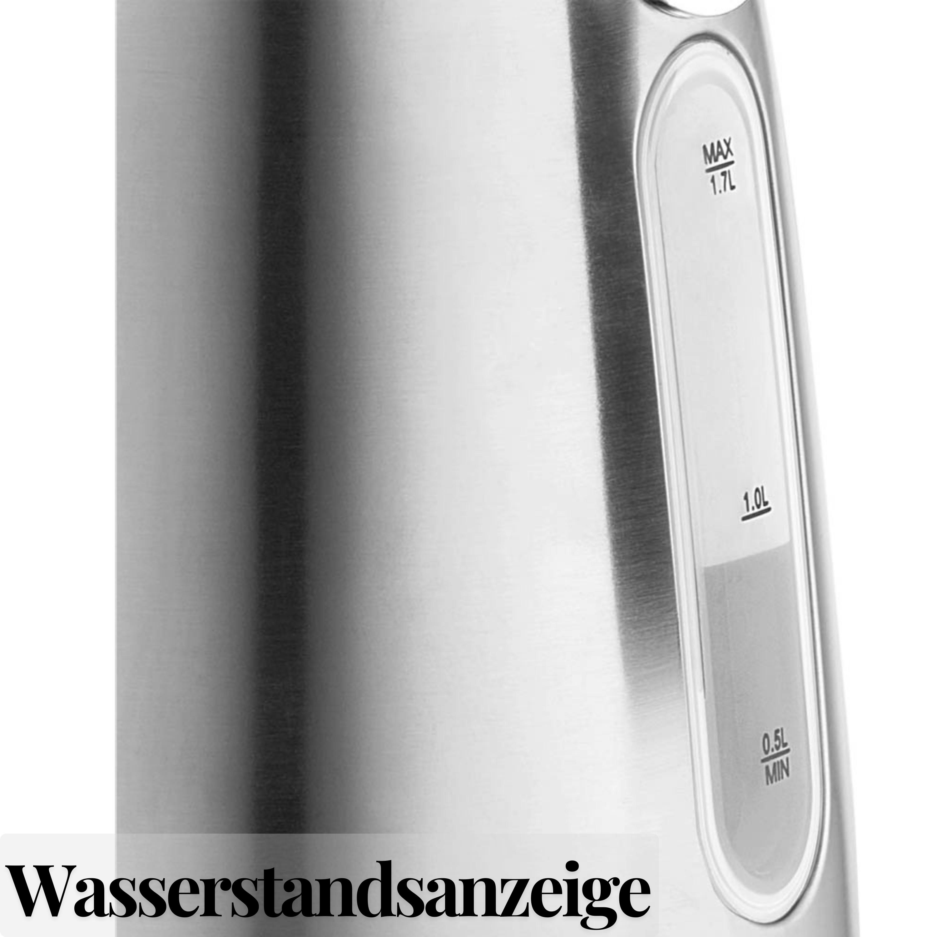 Nahaufnahme eines elektrischen Wasserkochers aus Edelstahl mit Wasserstandsanzeige. Weißer Hintergrund.