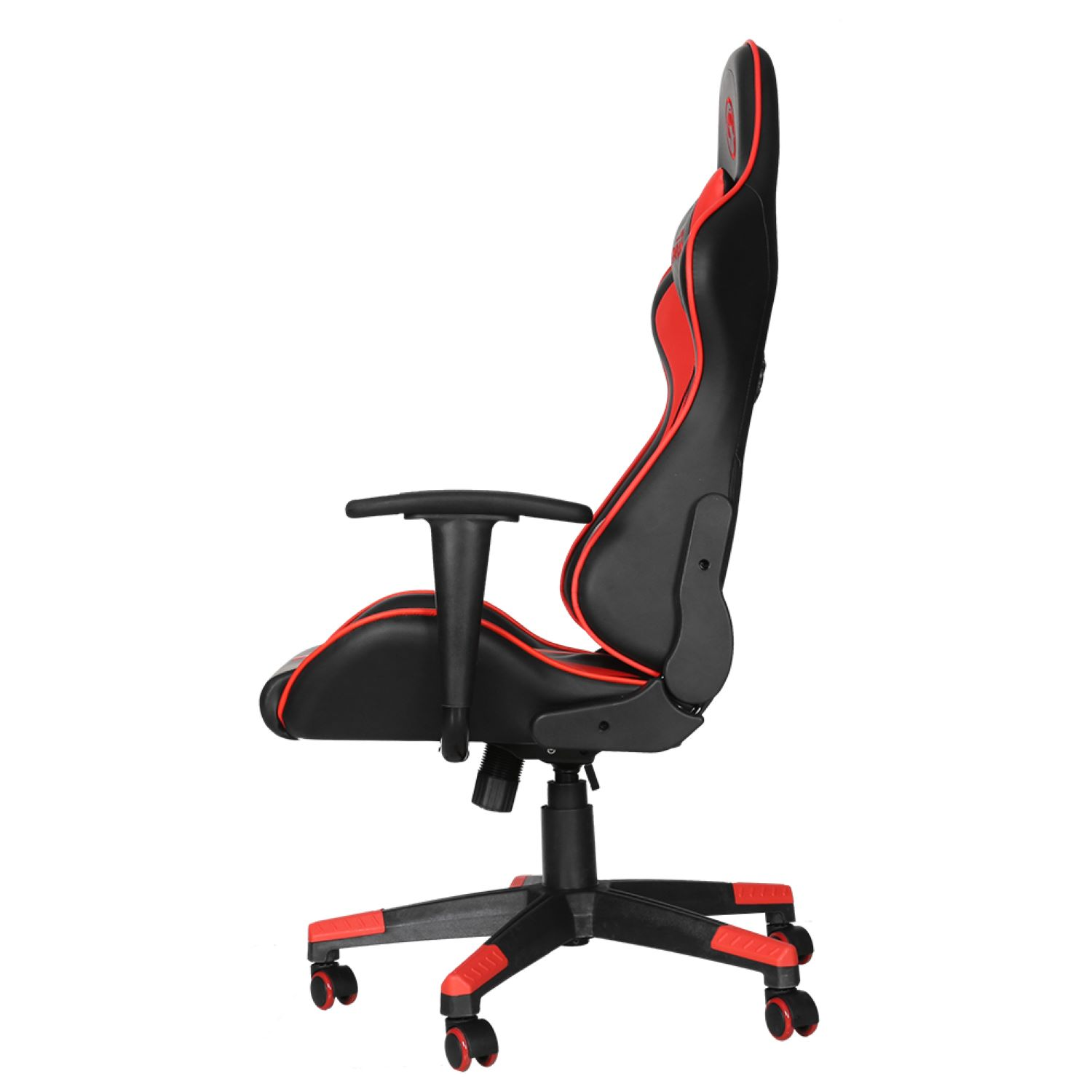 Gaming-Stuhl, schwarz und rot, mit hohem Rücken, Armlehnen und Rollfuß.