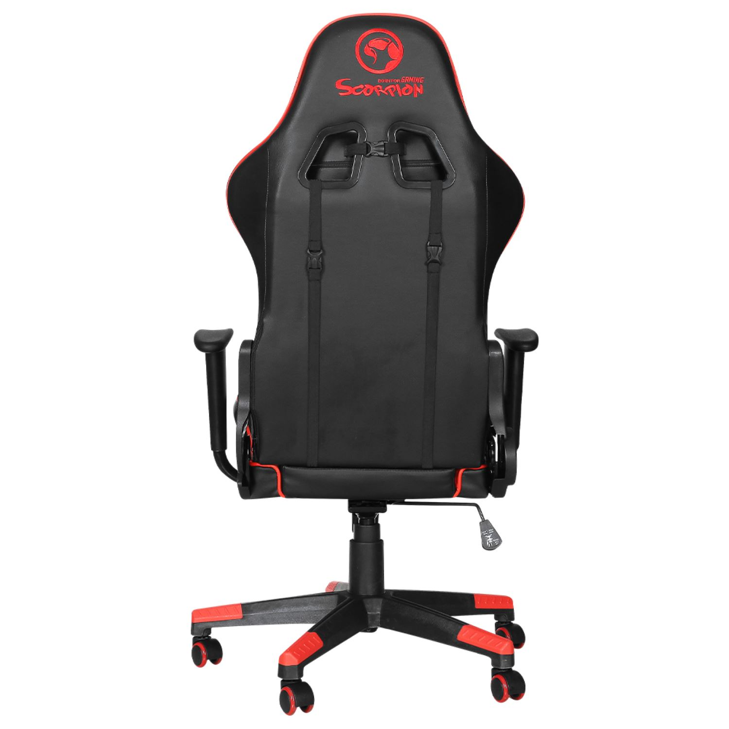 Schwarzer und roter Gaming-Stuhl, Rückansicht. Skorpion-Logo auf der Kopfstütze. Schwarze Basis und rote Räder.