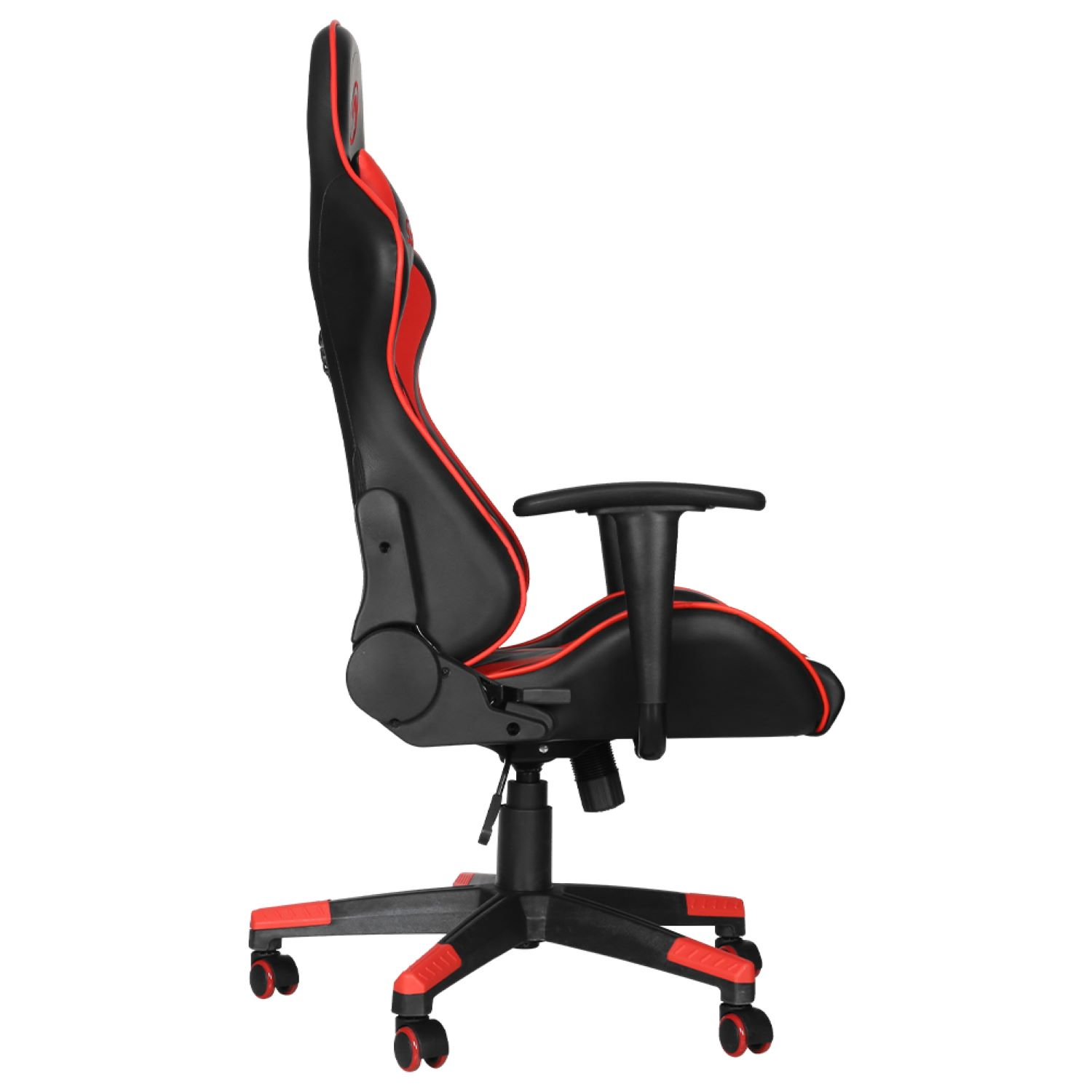 Schwarzer und roter Gaming-Stuhl, Seitenansicht. Er hat eine hohe Rückenlehne und Armlehnen. Die Basis hat Räder.