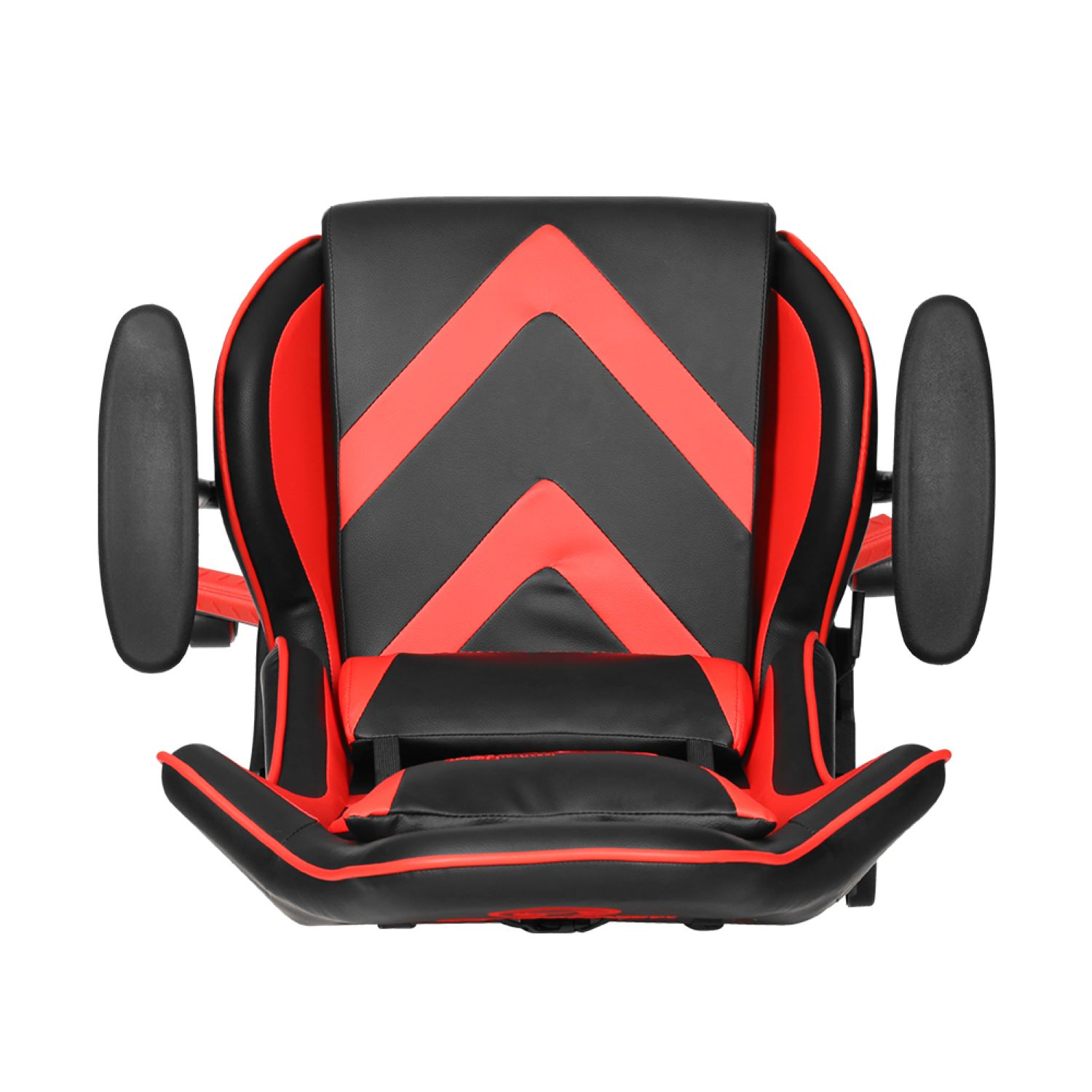 Draufsicht auf einen rot-schwarzen Gaming-Stuhl mit zwei Armlehnen und einem Fünf-Punkt-Fuß.