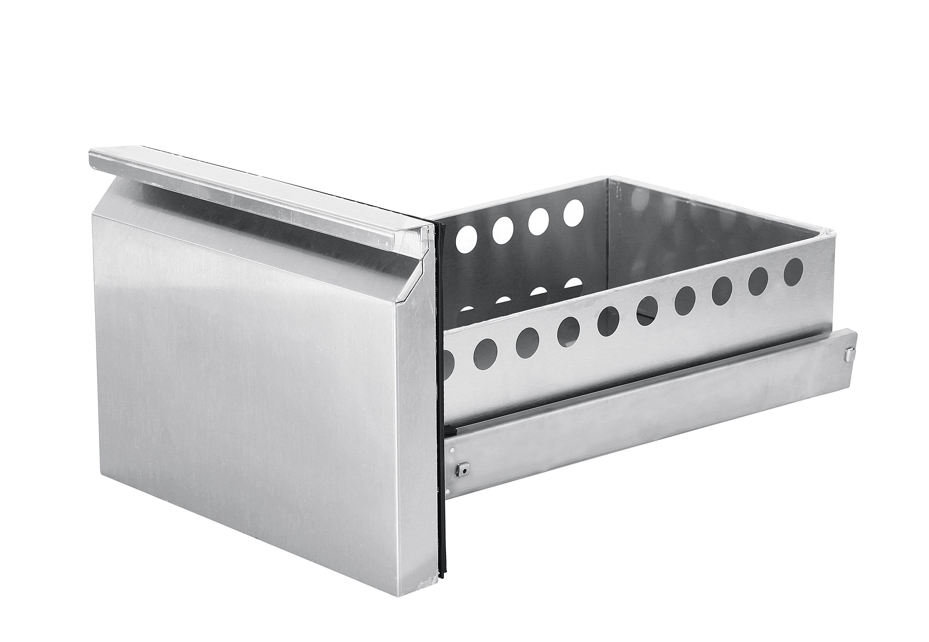 Cassetto in acciaio inossidabile con coperchio, perfetto per uso esterno.