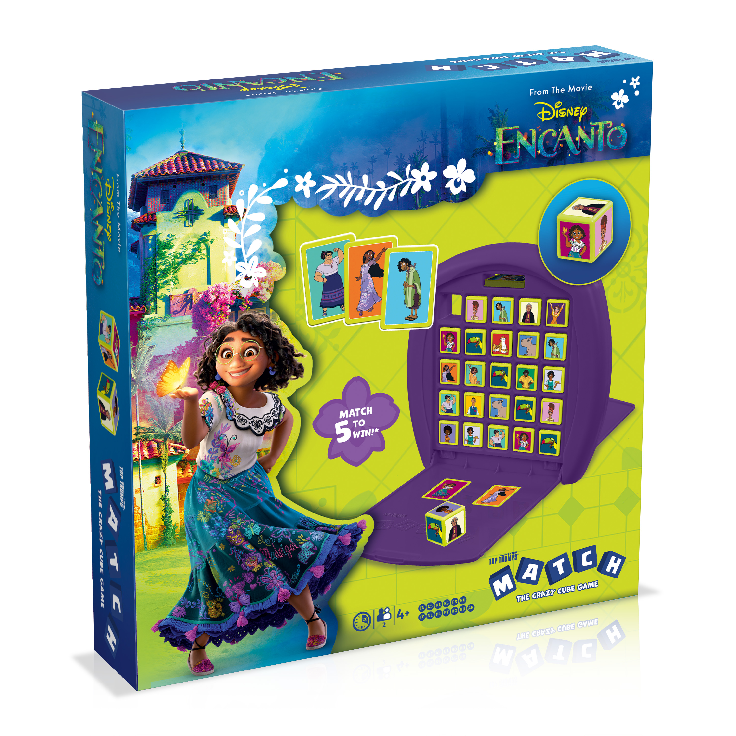 Encanto Brettspielbox. Zeigt Charaktere und Spielelemente auf buntem Hintergrund.
