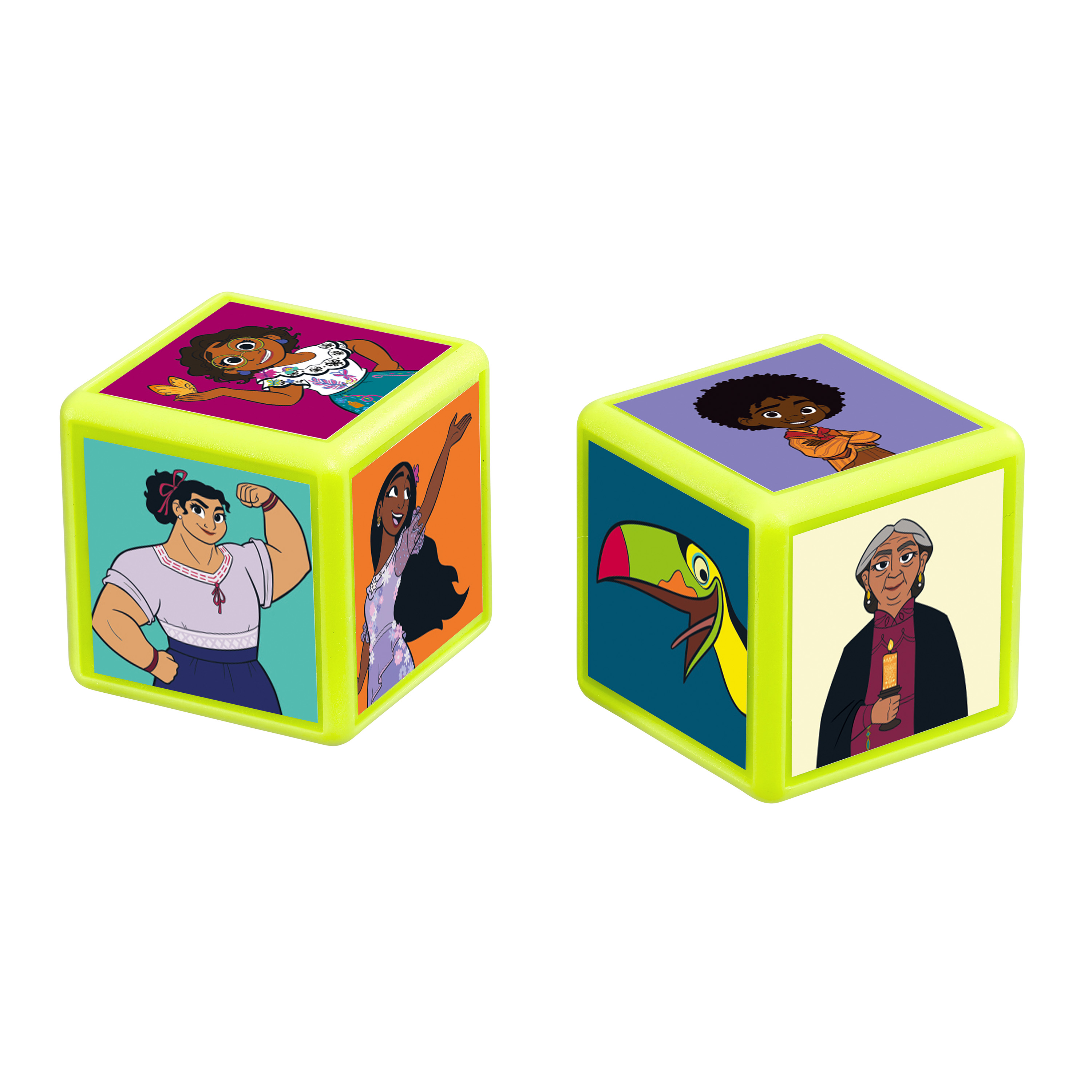 Zwei Spielzeugwürfel mit animierten Figuren auf jeder Seite. Die Würfel sind farbenfroh.