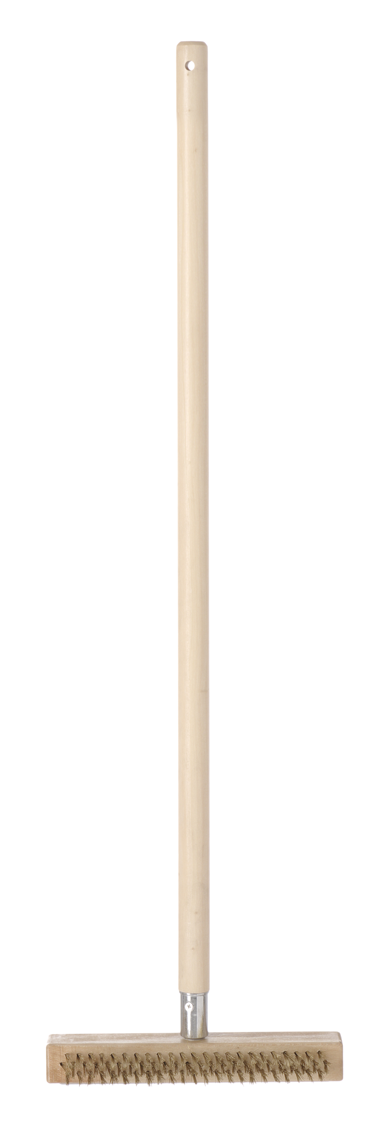 Scopa con manico in legno e testina in ottone. Sfondo bianco.