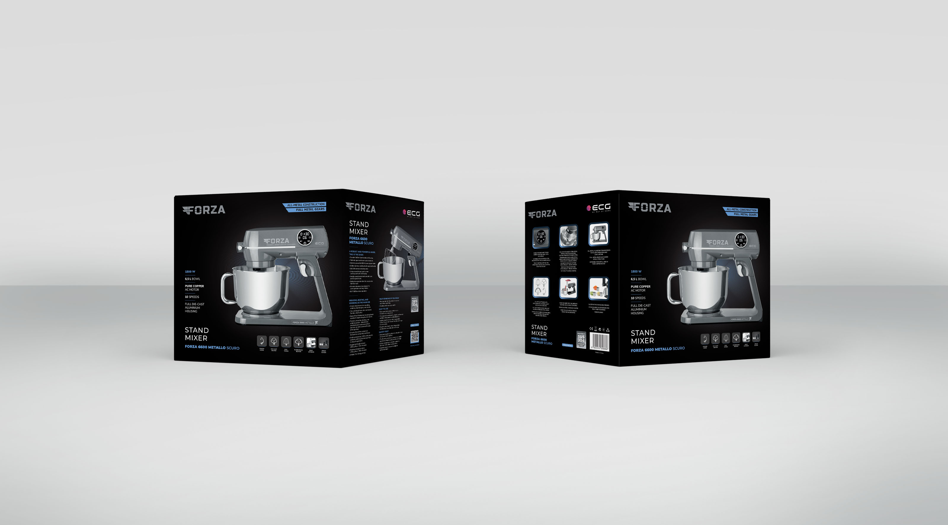 Zwei Standmixer-Kartons. Sie sind schwarz, mit Bildern der Mixer auf Vorder- und Seiten.