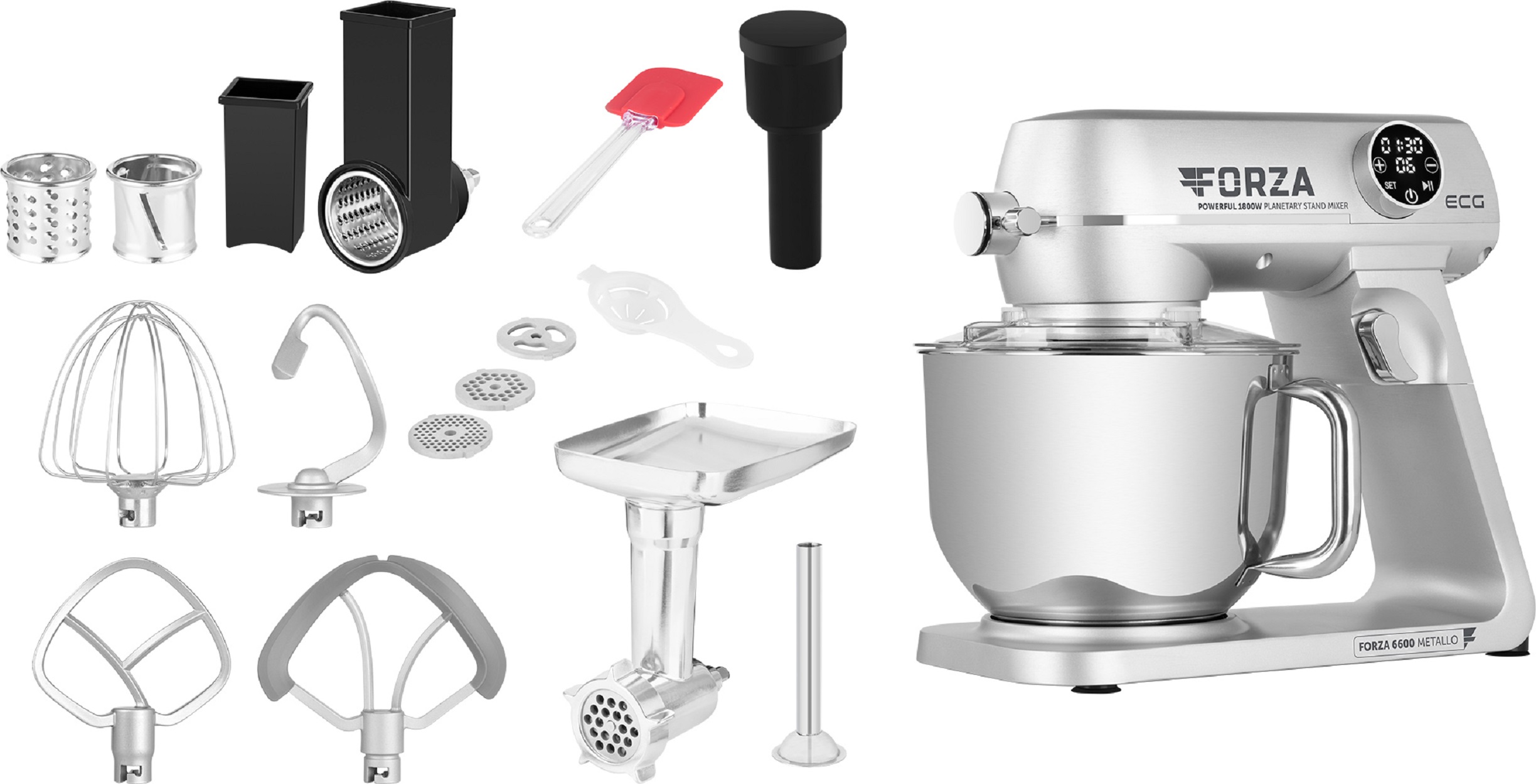 Un mixer da cucina argentato con diversi accessori disposti su una superficie bianca.