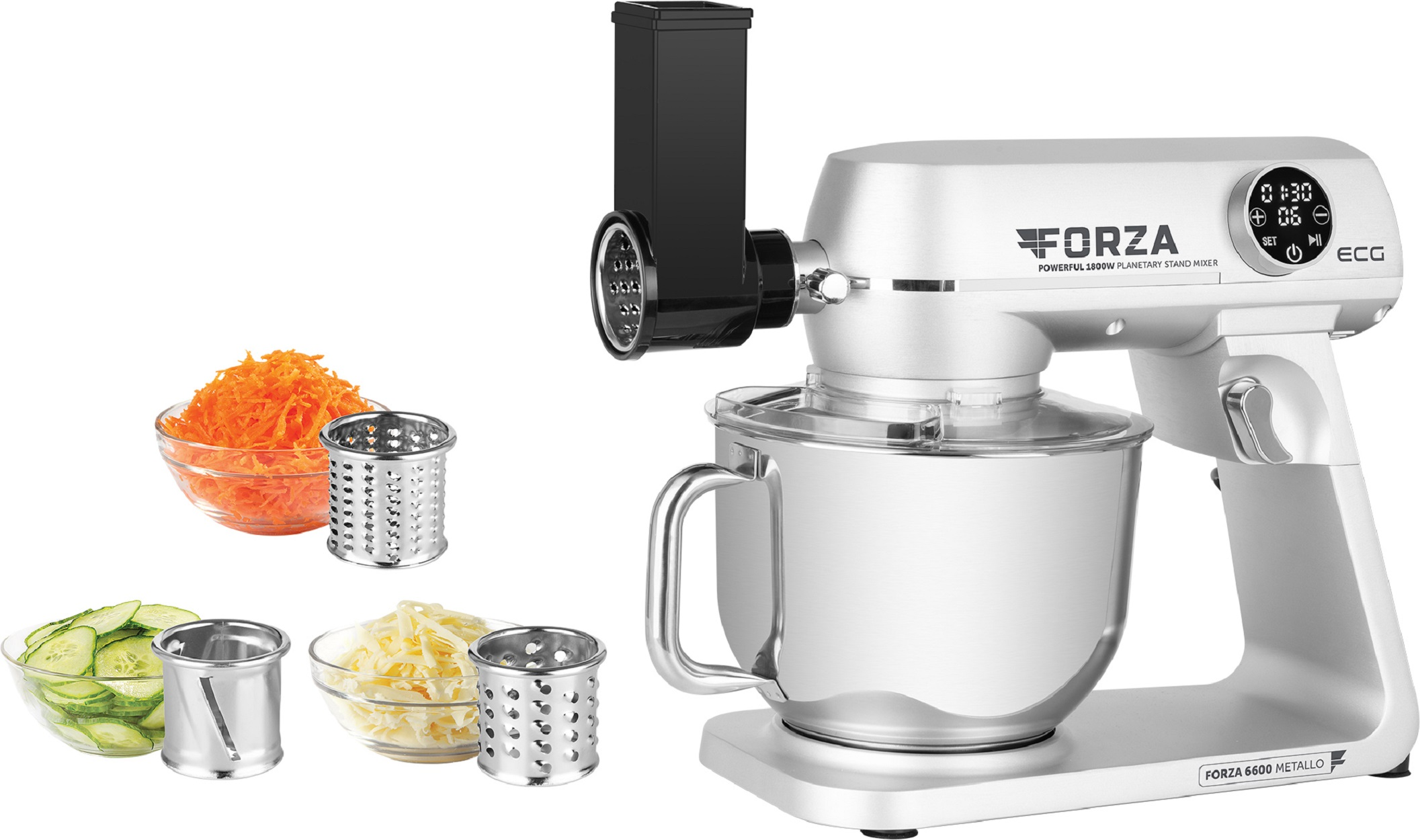 Un'impastatrice argentata con accessori per grattugiare e affettare le verdure. Include ciotole con cibo preparato.