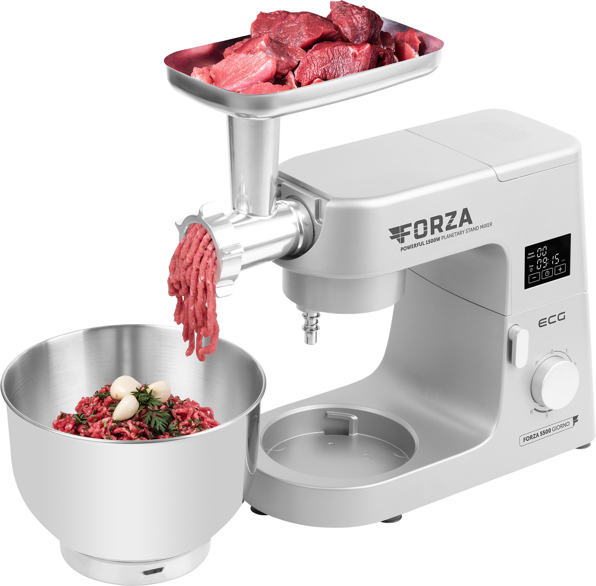 Silberner Foodprocessor, der Fleisch in eine Schüssel mahlt. Ein Tablett hält rohes Fleisch.