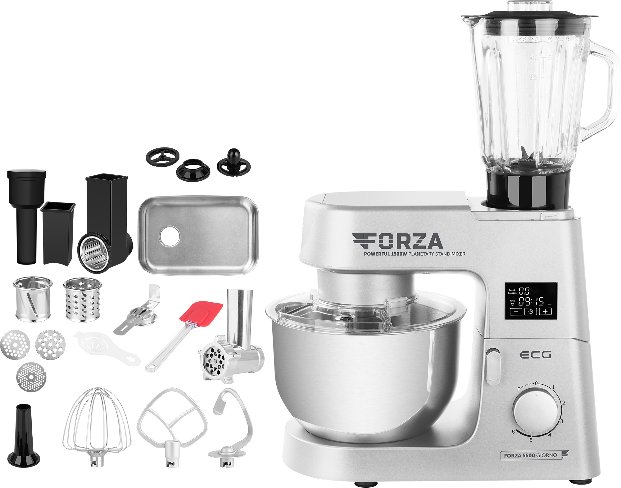 Silberner Küchenmixer mit mehreren Aufsätzen. Enthält einen Mixer, eine Mühle und verschiedene Werkzeuge.