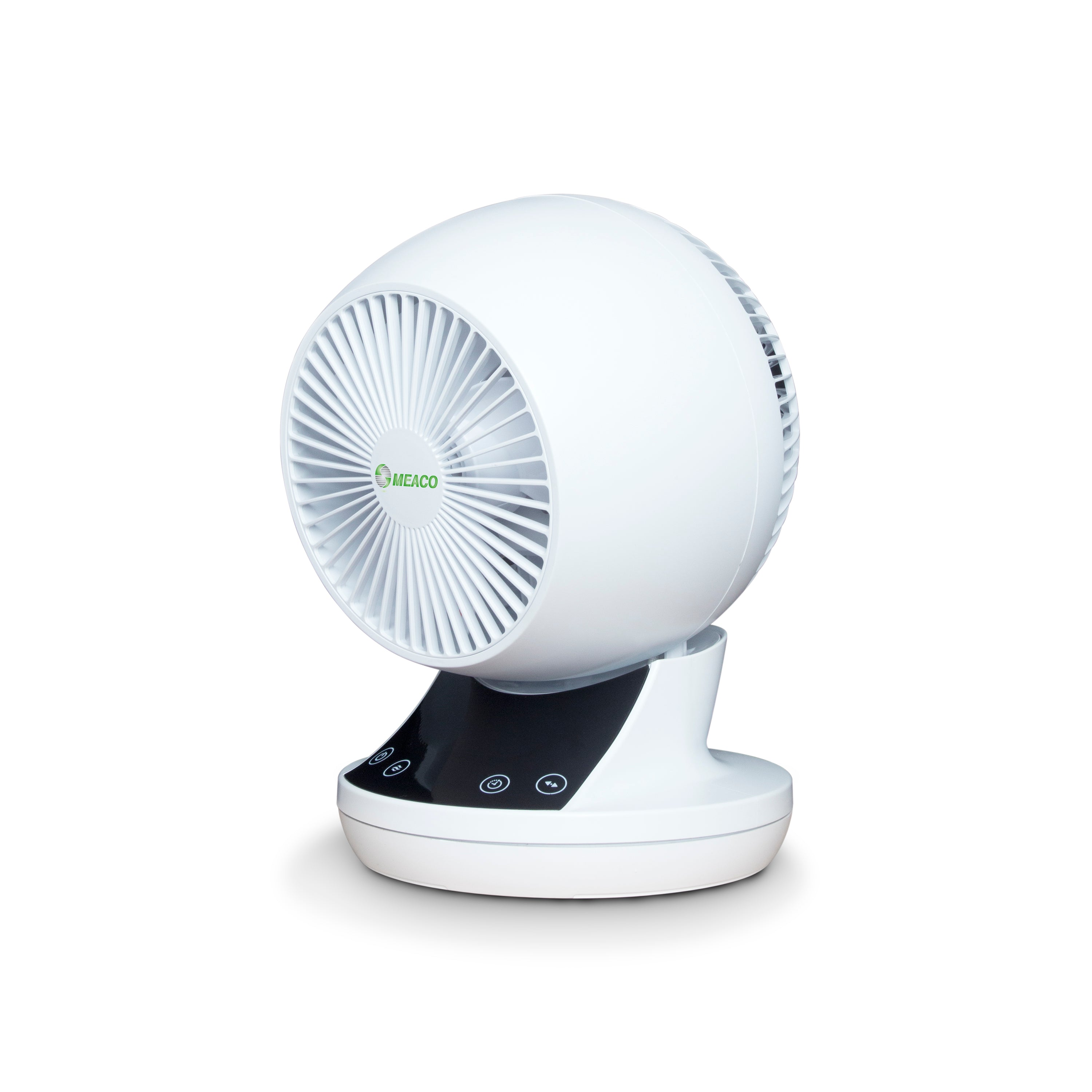 Ein weißer, kugelförmiger Ventilator mit schwarzem Sockel und Bedienknöpfen, vor weißem Hintergrund.