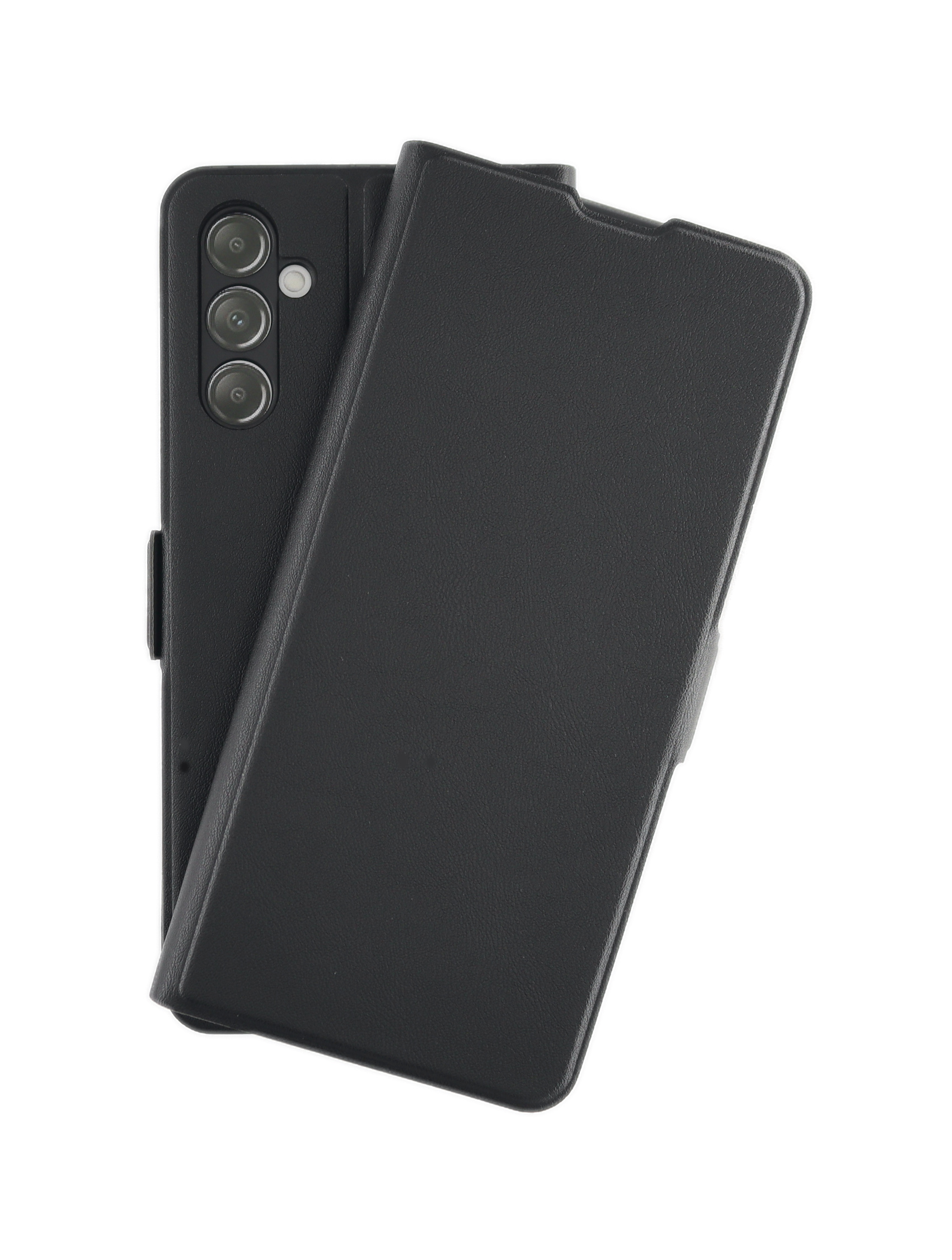 Schwarzes Telefon in einer schwarzen Leder-Wallet-Hülle, geschlossen. Kameralinsen sind sichtbar.