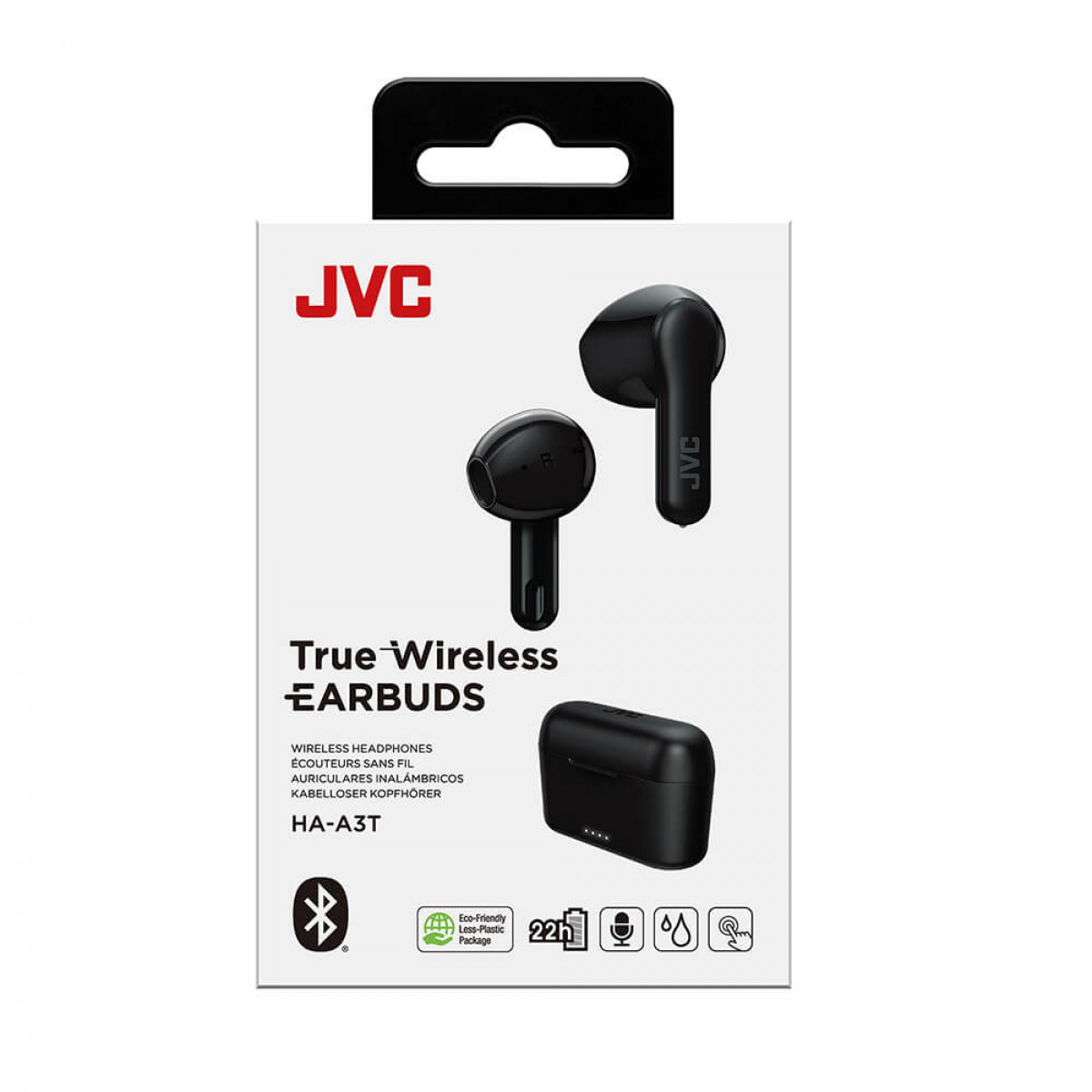 Pudełko z czarnymi słuchawkami, czarnym etui ładującym i logo JVC. Tekst True Wireless Earbuds.