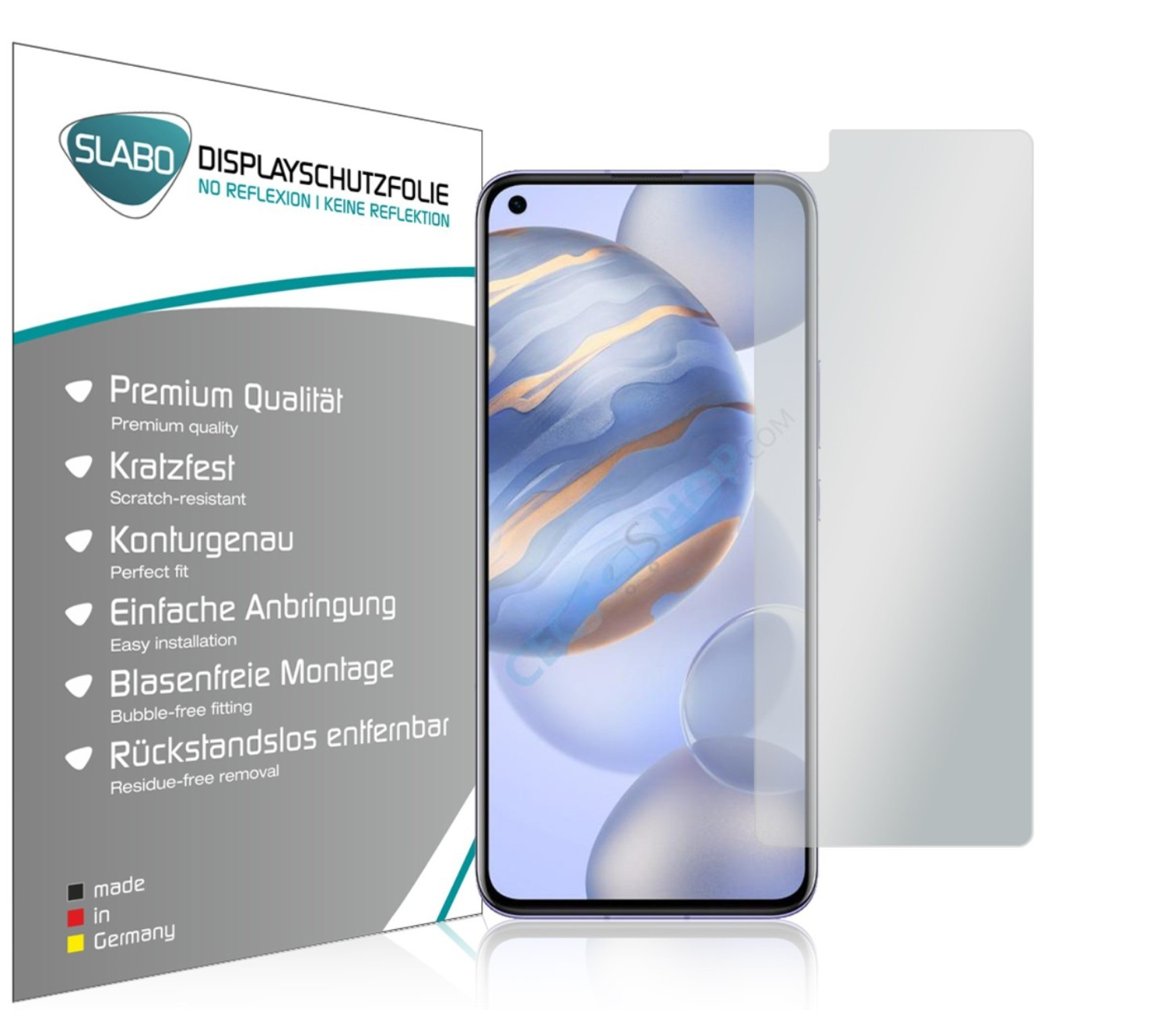 Telefon mit Displayschutz und Box. Texte beschreiben Funktionen wie Kratzfestigkeit und blasenfreie Montage.