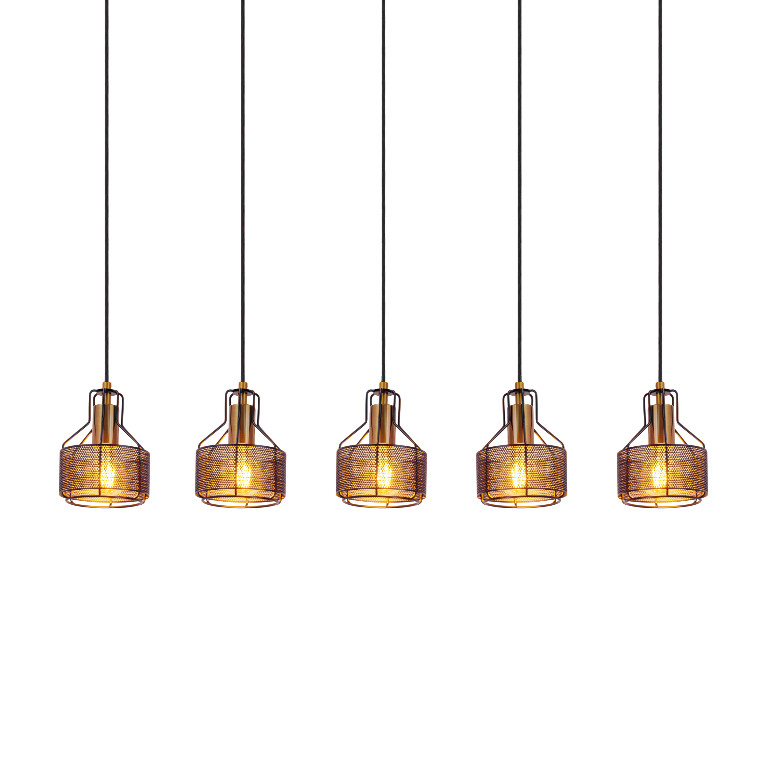 Fünf Pendelleuchten mit Bronze-Käfig-Design und warmen Glühbirnen.