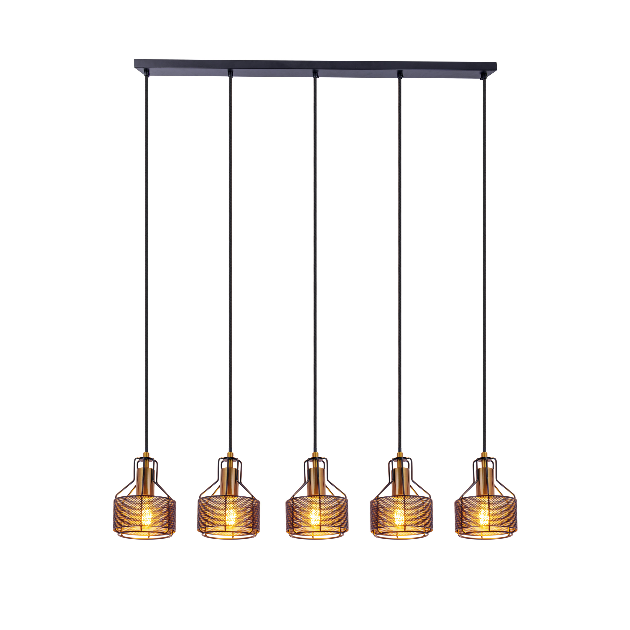 Fünf Pendelleuchten. Jede hat einen Netzschirm, mit goldenem Innenraum und schwarzen Kabeln.