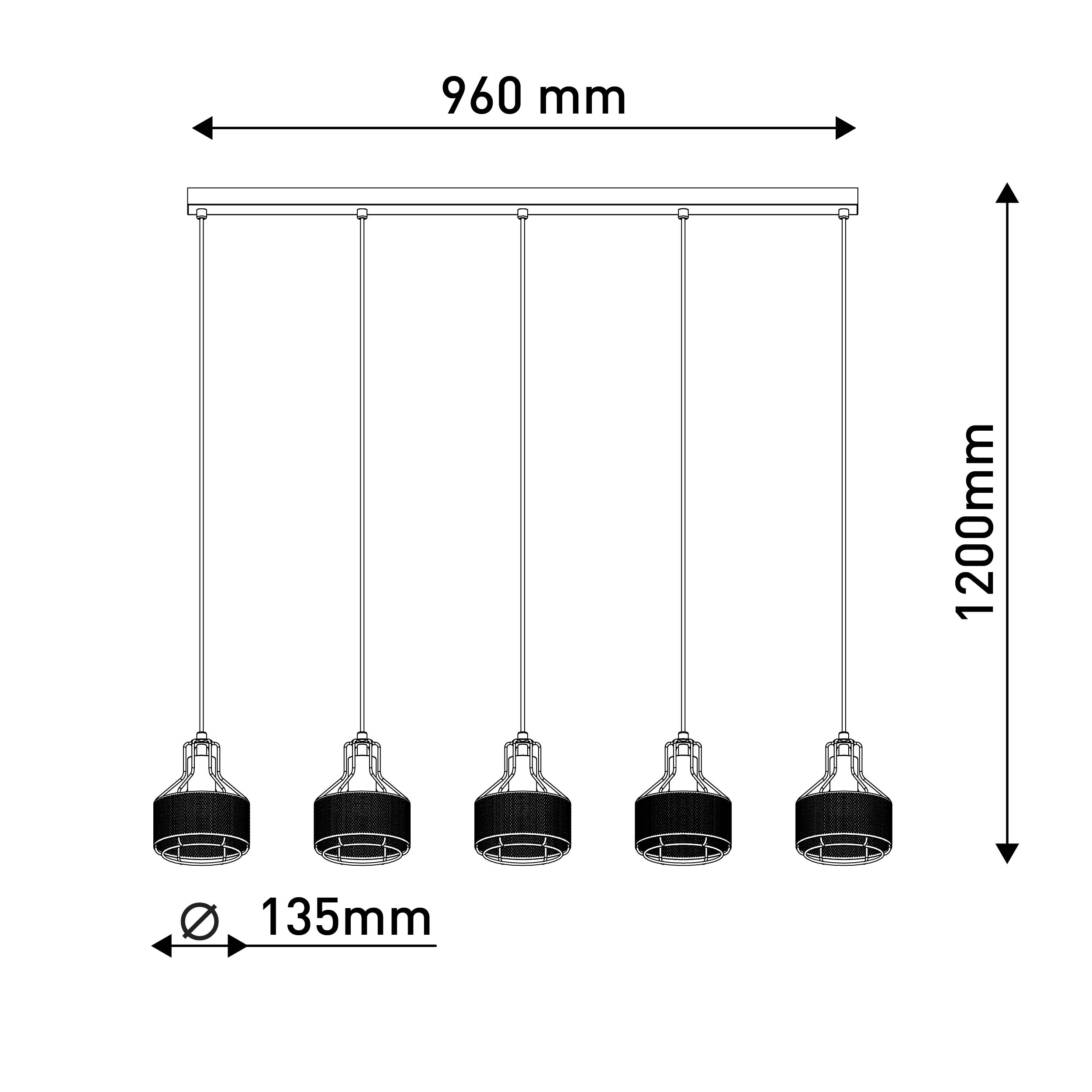 Eine Hängeleuchte mit fünf Lampen. Die Vorrichtung ist schwarz und die Lampen sind schwarz und weiß.