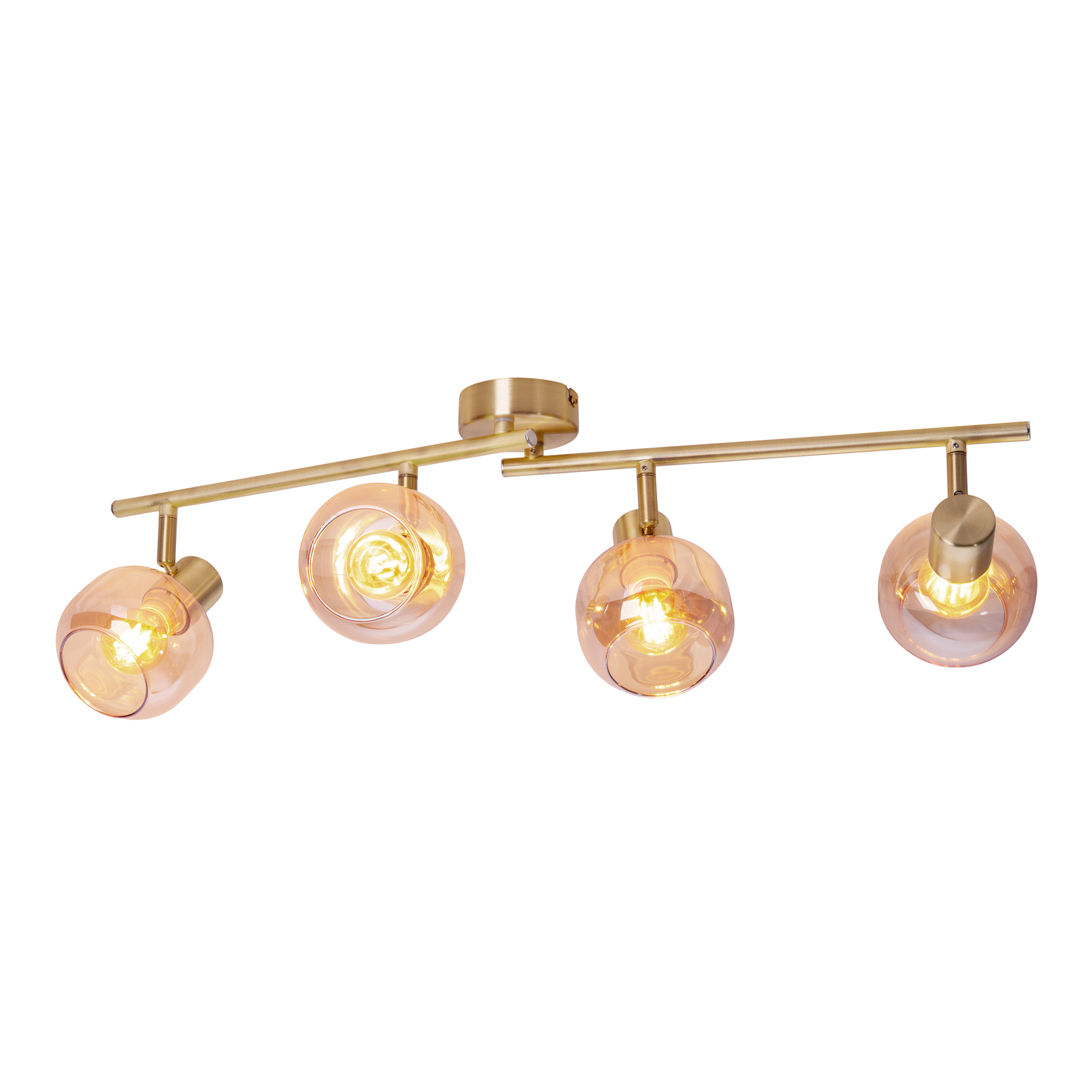 Goldene Deckenleuchte mit vier kugelförmigen, orange getönten Glasschirmen.