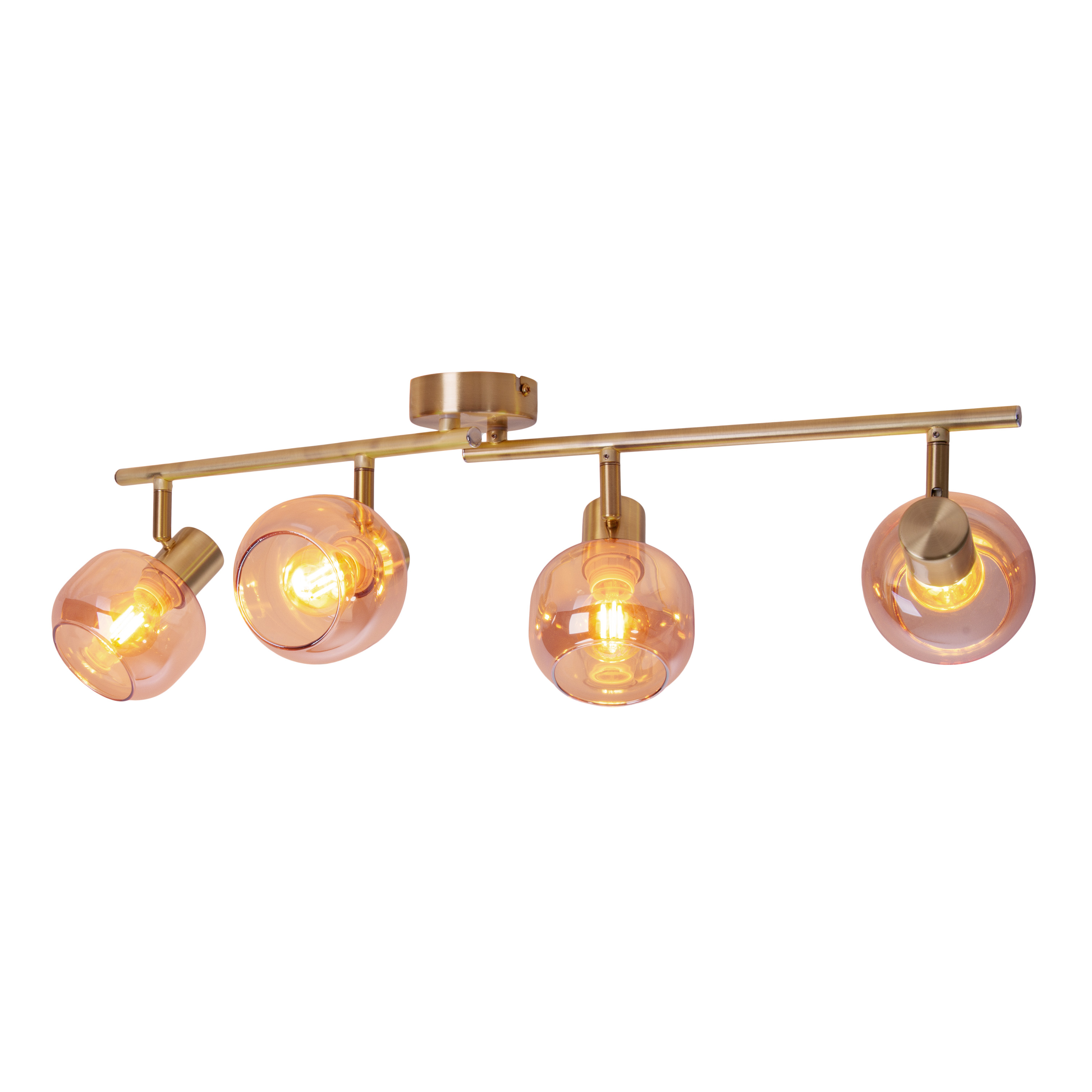 Deckenleuchte mit vier Glaskugellampen, goldene Halterung, weißer Hintergrund.