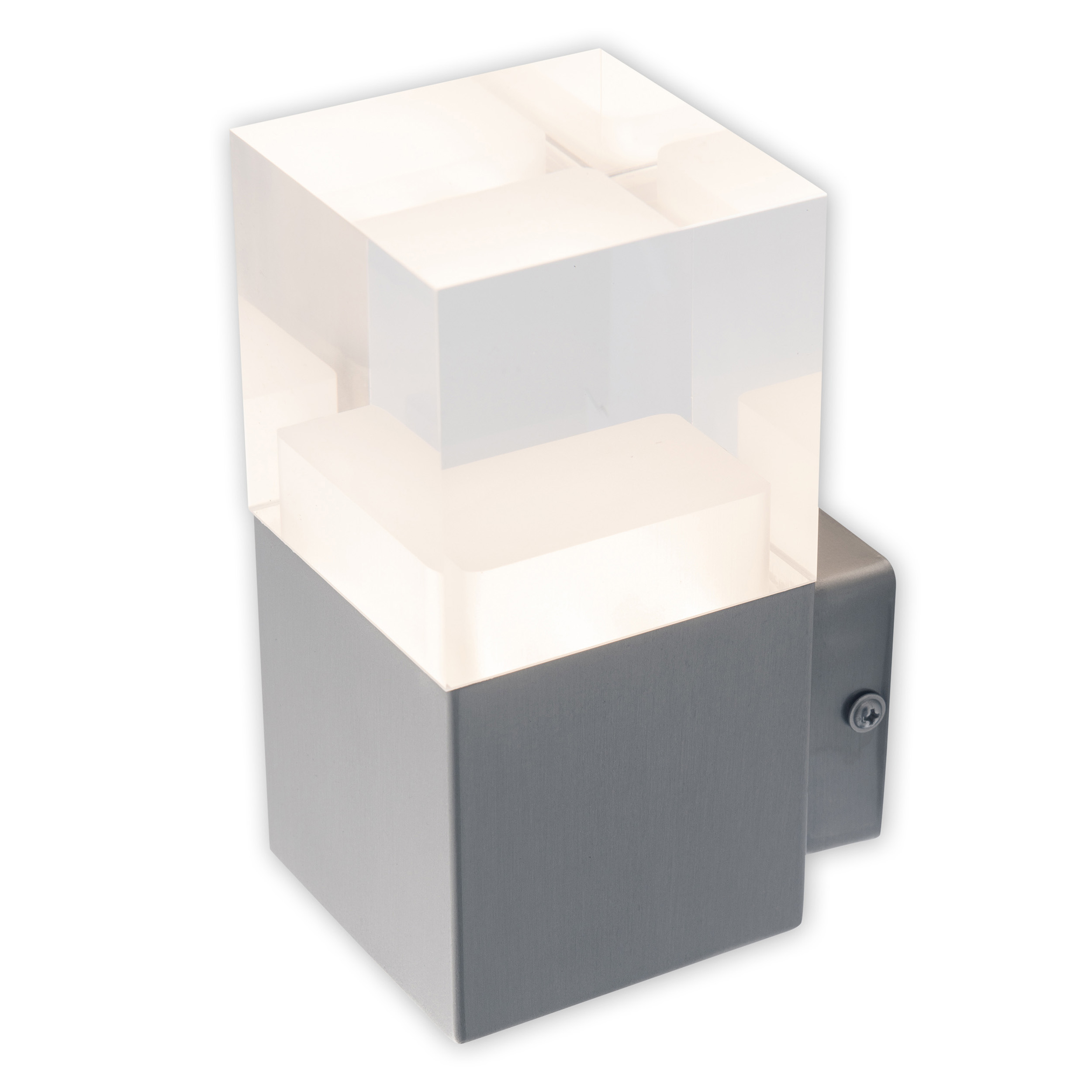 Moderne Wandleuchte mit kubusartigem Design. Hat weiße, beleuchtete Bereiche.