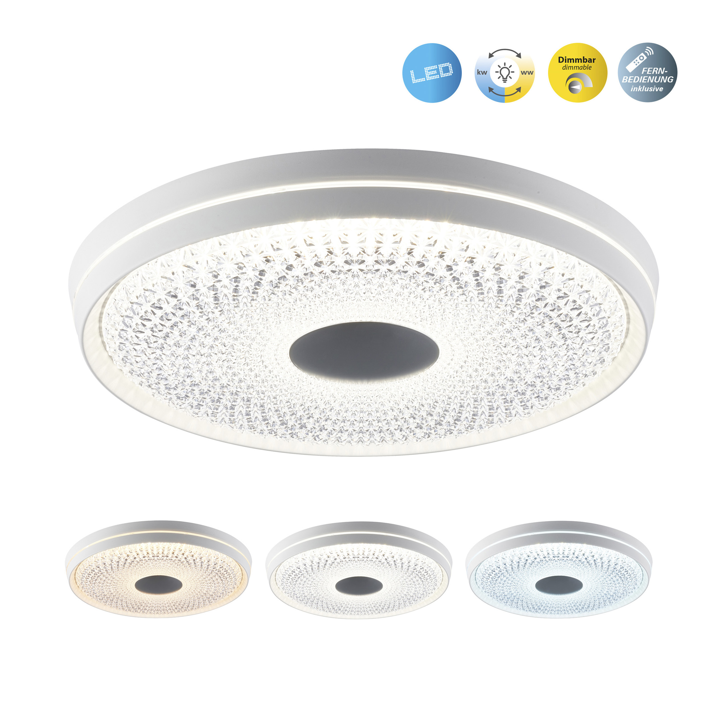 Weiße runde LED-Deckenleuchte mit drei kleineren Lichtern unten, die verschiedene Farbtemperaturen zeigen.