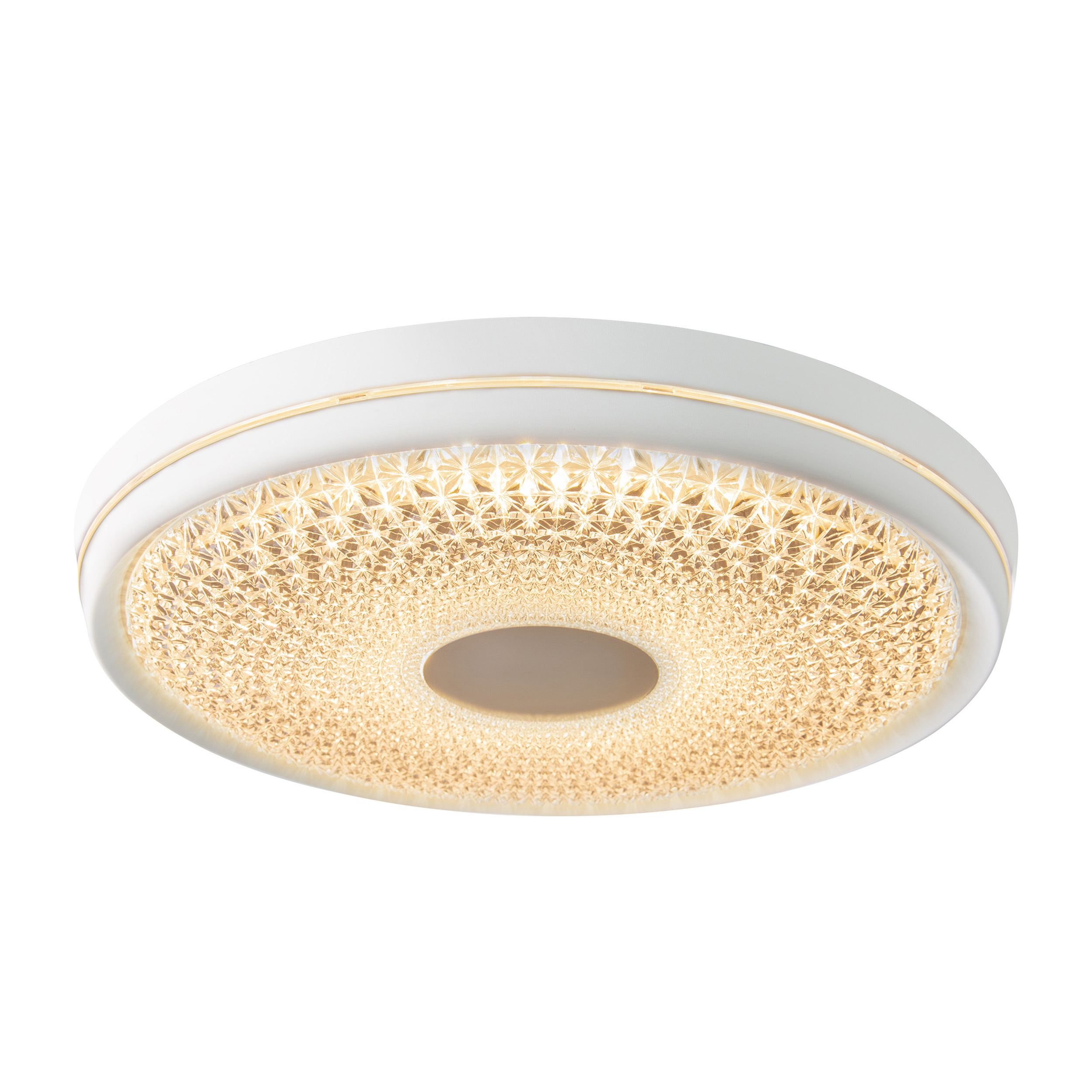 Eine weiße Deckenlampe mit rundem Design und dekorativem Beleuchtungsmuster.
