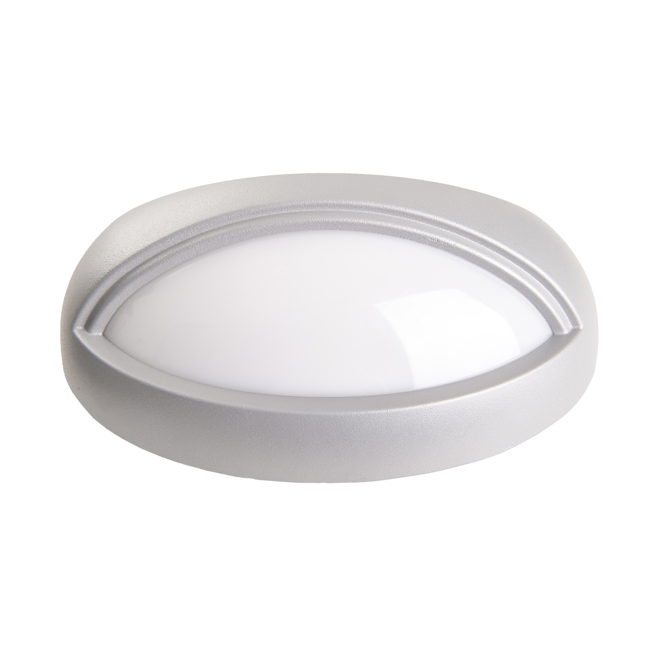 Silberne, ovale LED-Leuchte, weißes Licht emittiert, auf weißem Hintergrund.