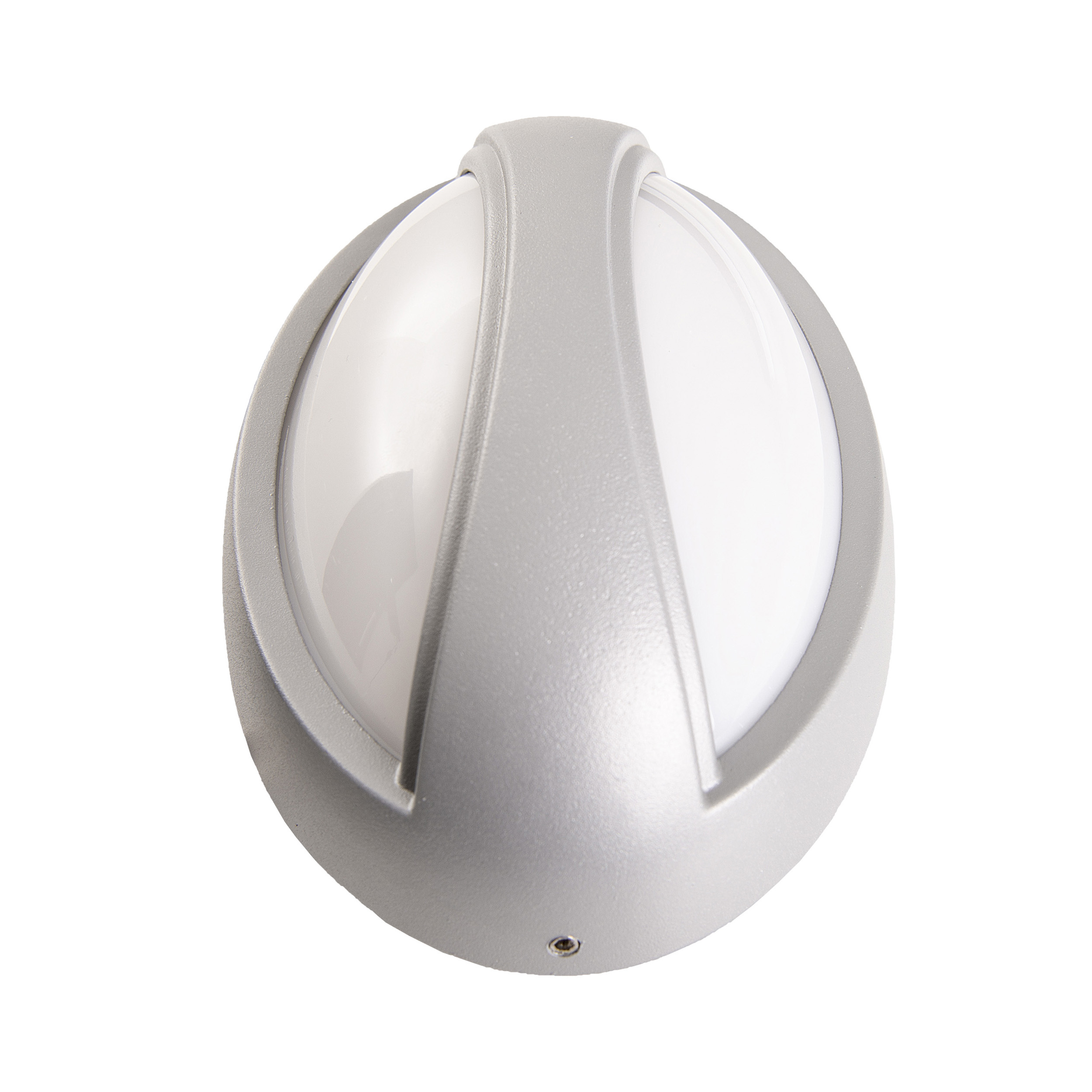 Eine ovale, graue Außenlampe mit weißem Licht, von oben auf weißem Hintergrund gesehen.