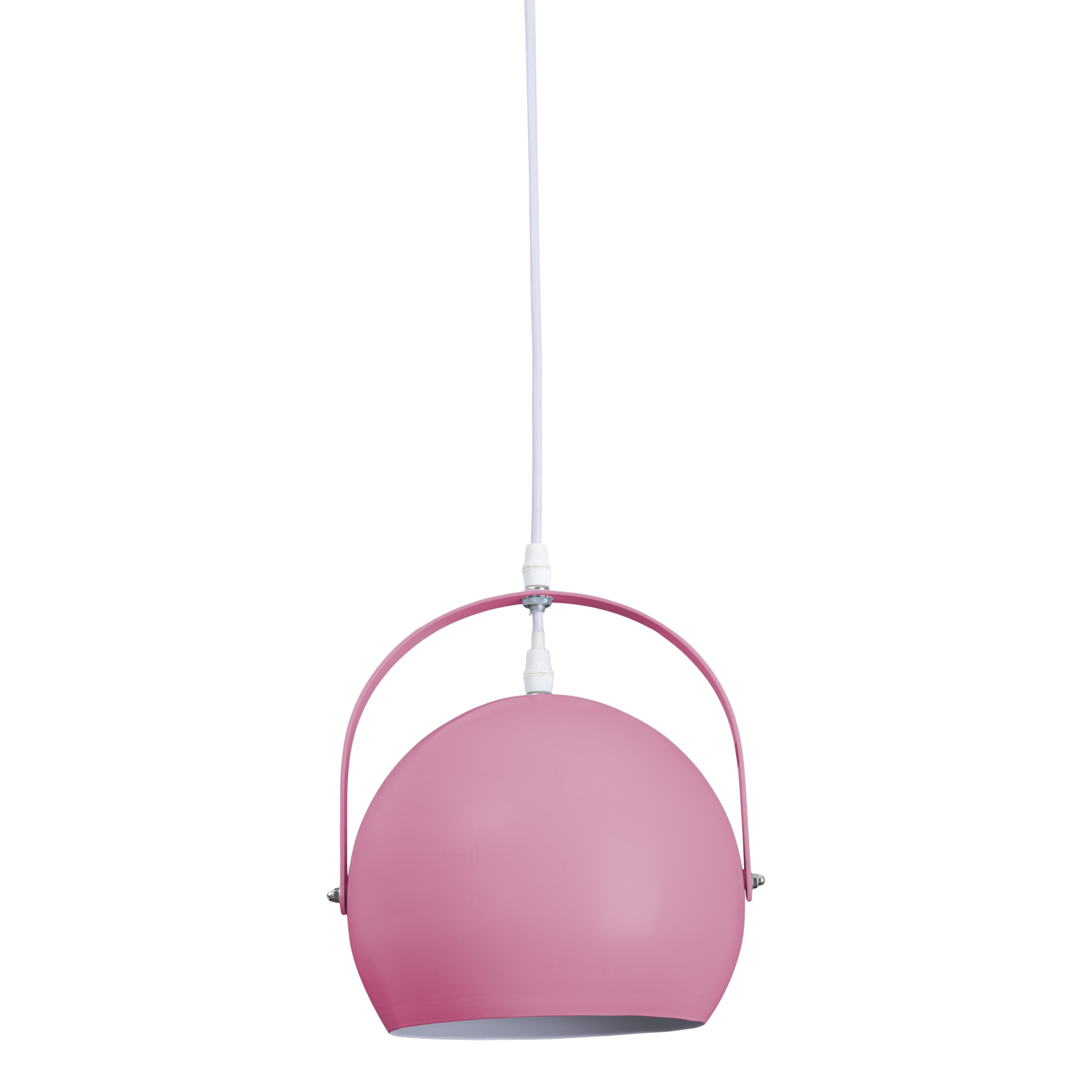 Rosafarbene Pendelleuchte mit rundem Schirm, weißem Kabel und gebogenem Griff oben.