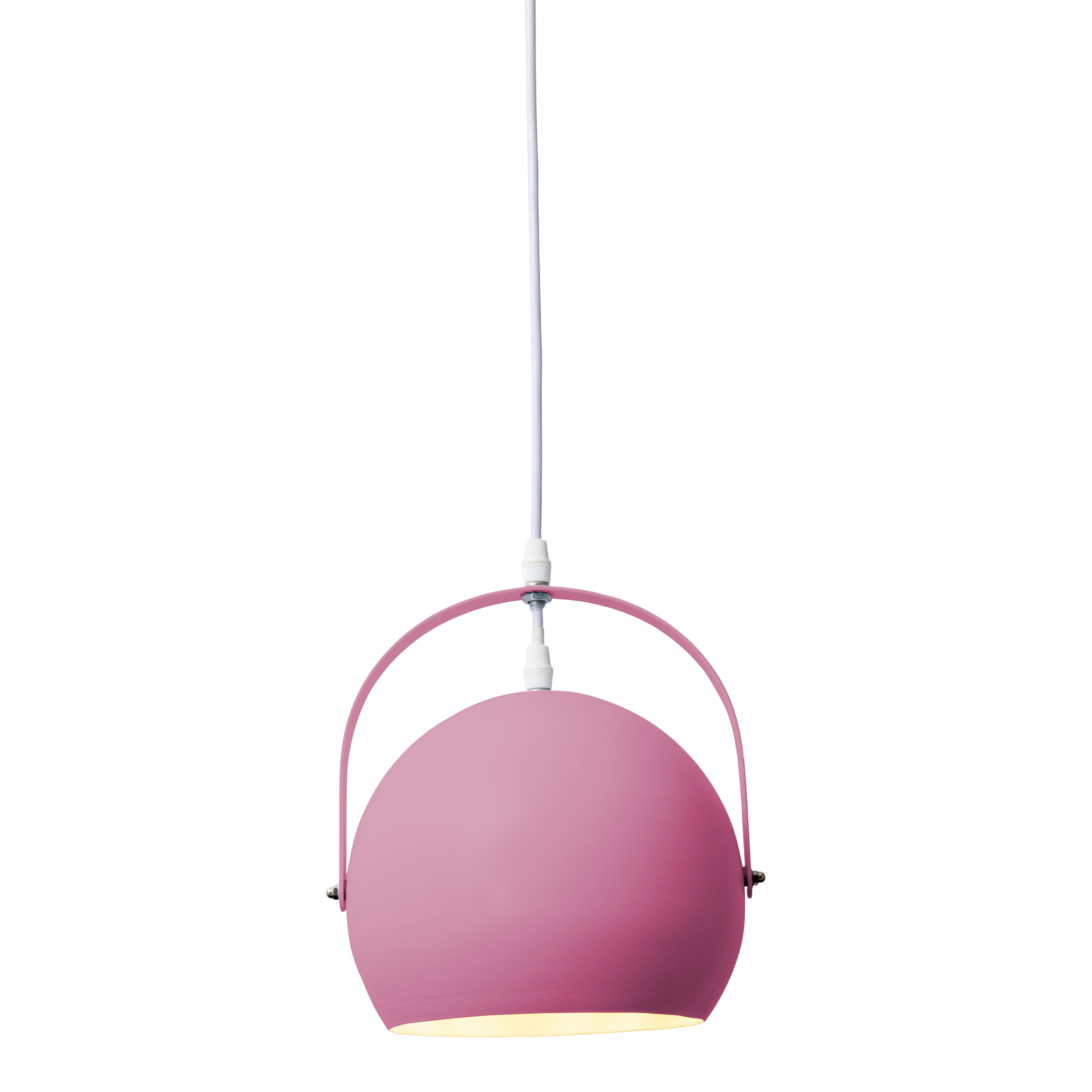 Rosa Pendelleuchte. Runde Form, weißes Kabel, von der Decke abgehängt.