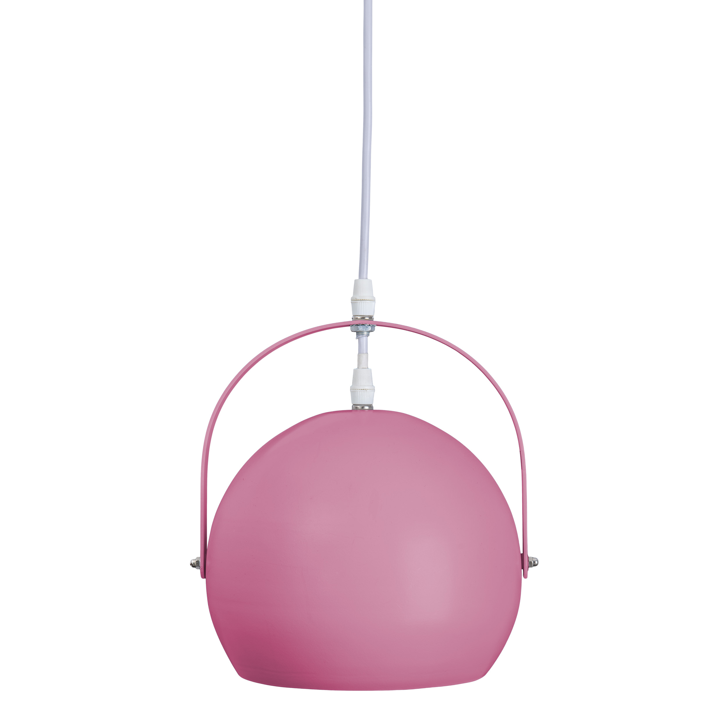 Rosa Pendelleuchte mit weißem Kabel, von der Decke hängend, und weißem Hintergrund.