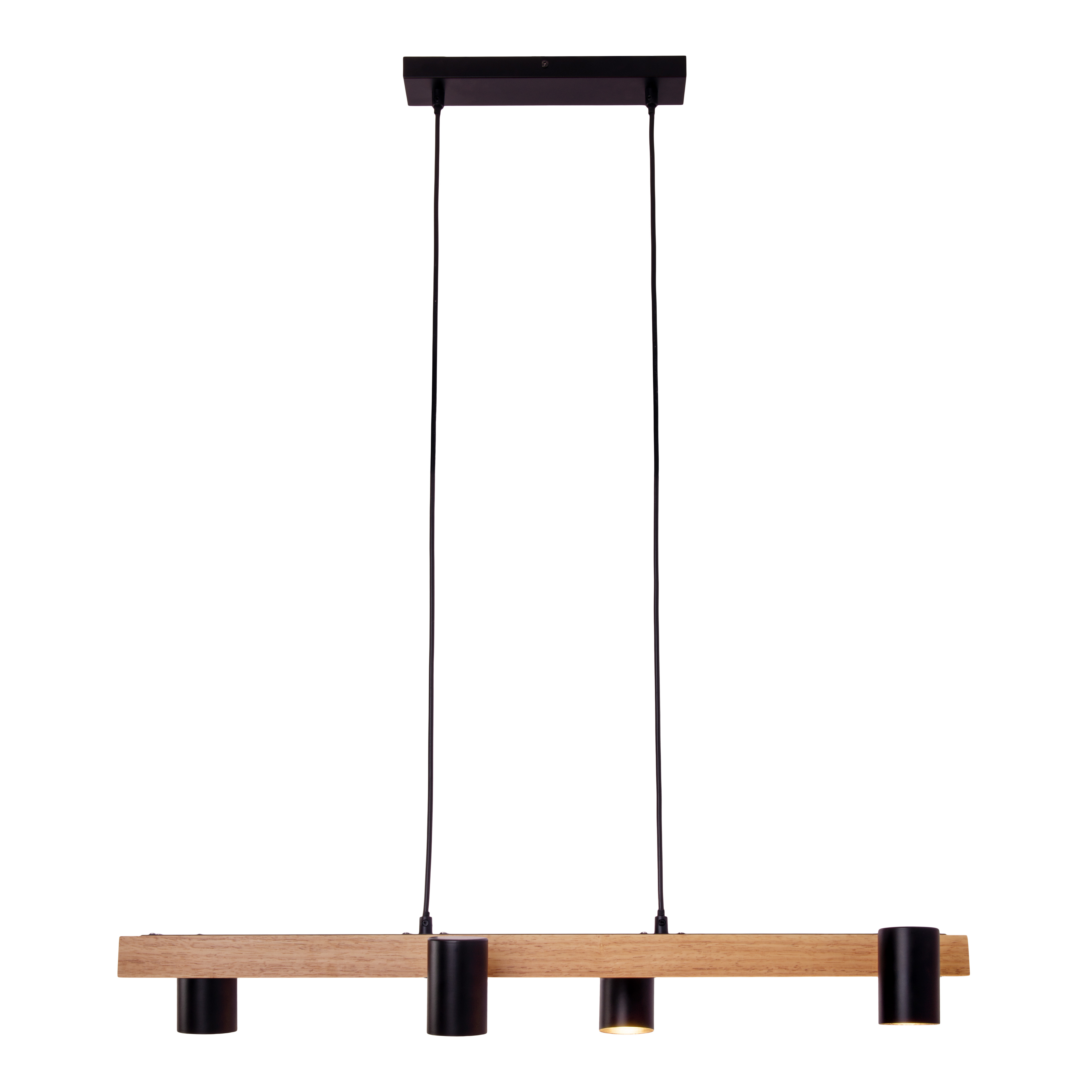 Lineare Pendelleuchte, Holzbalken, vier schwarze zylindrische Lampen, schwarze Kabel.