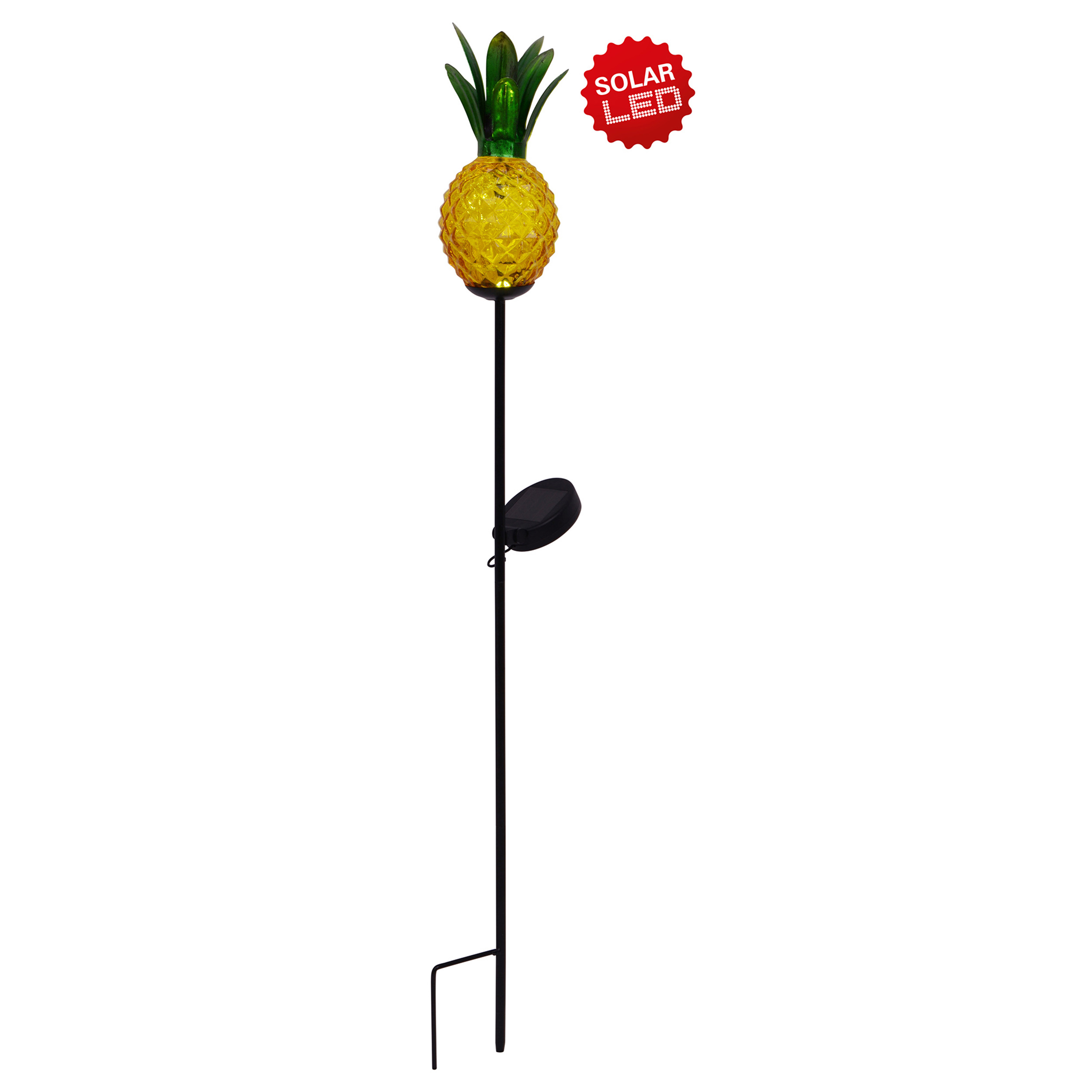 Solar LED Ananas Gartenpfahl. Der Ananas ist gelb und der Stiel ist schwarz.