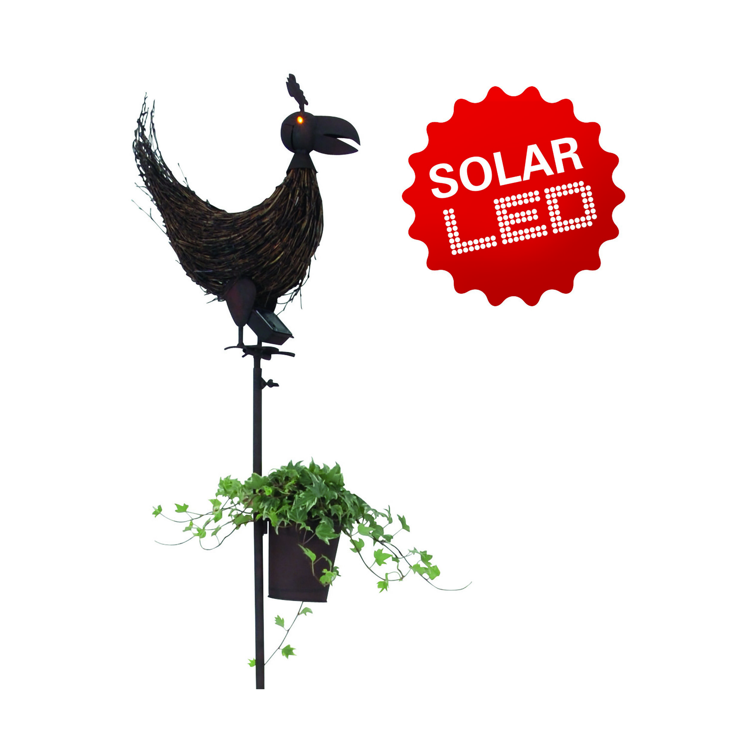 Ein Metallhahn mit LED-Leuchten auf einem Ständer mit einem Pflanzgefäß. Weißer Hintergrund.