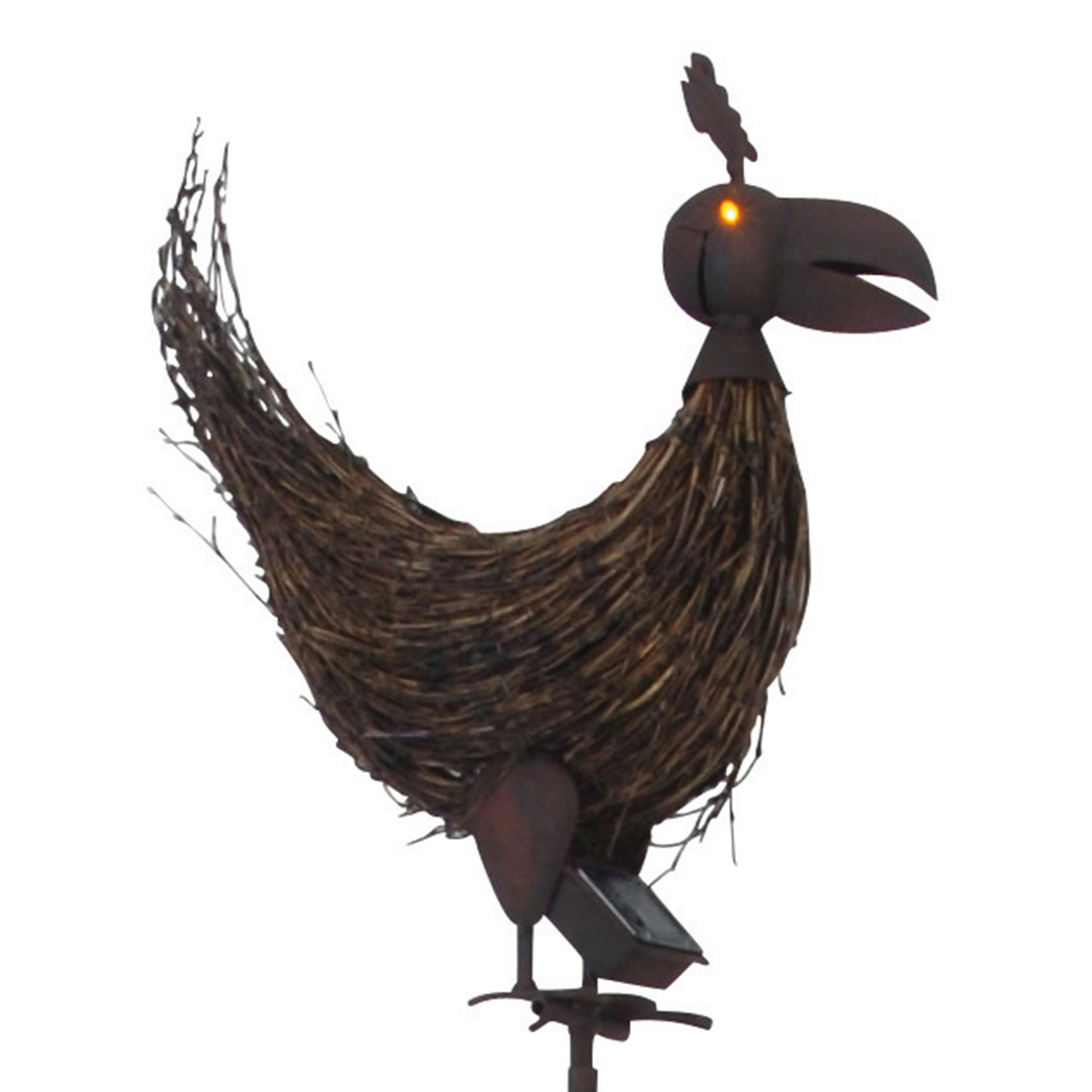 Metallvogelskulptur mit Licht im Kopf und Solarpanel-Sockel.