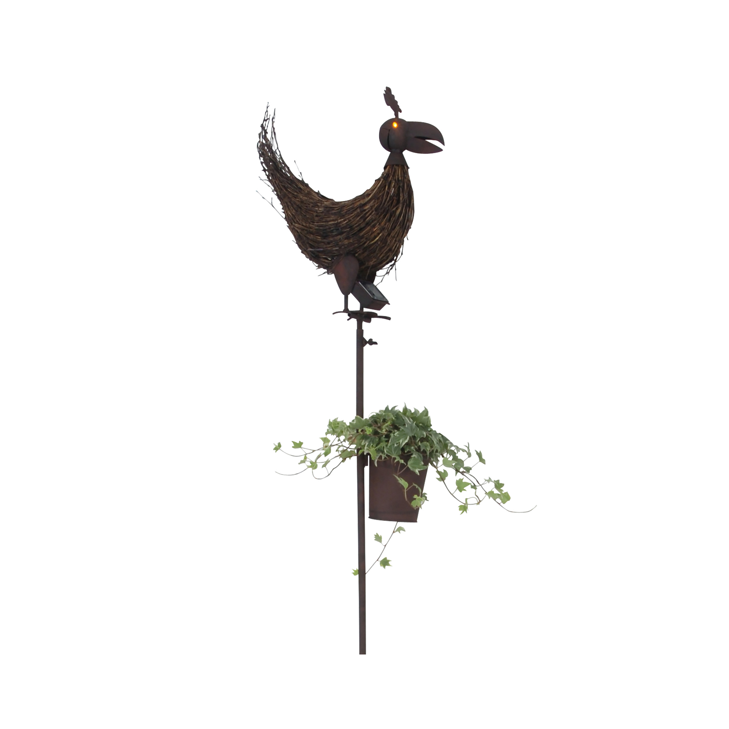 Metallvogel-Dekoration mit einem Blumentopf mit grünem Efeu.