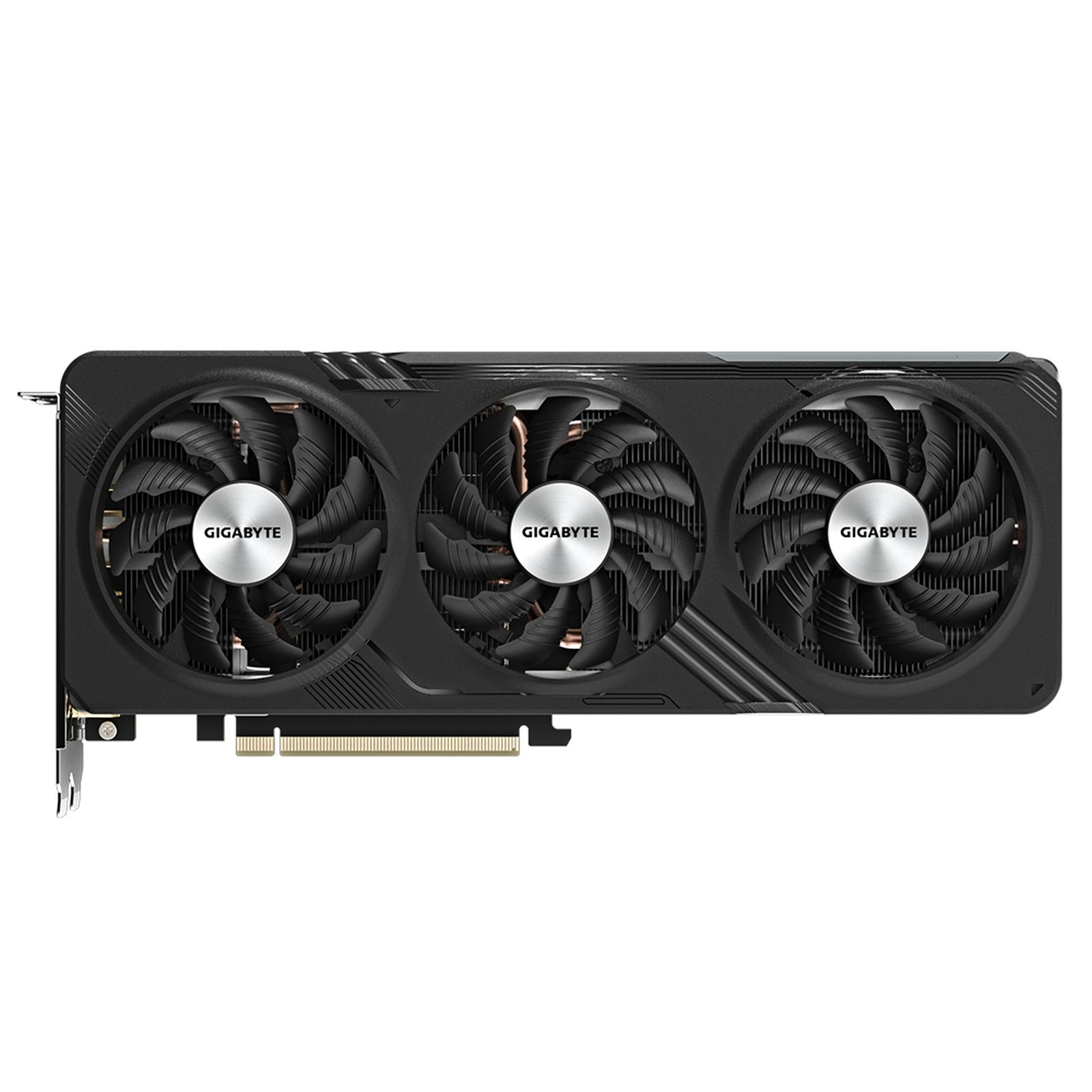 Scheda grafica nera con tre ventole, il marchio GIGABYTE è visibile.