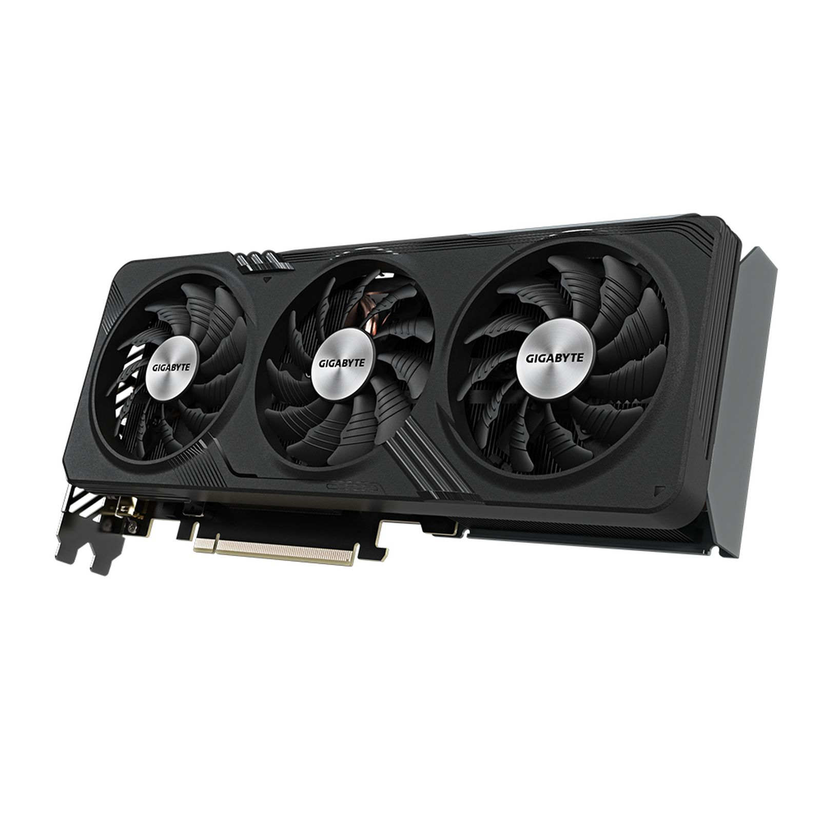 Una scheda grafica Gigabyte nera con tre ventole.