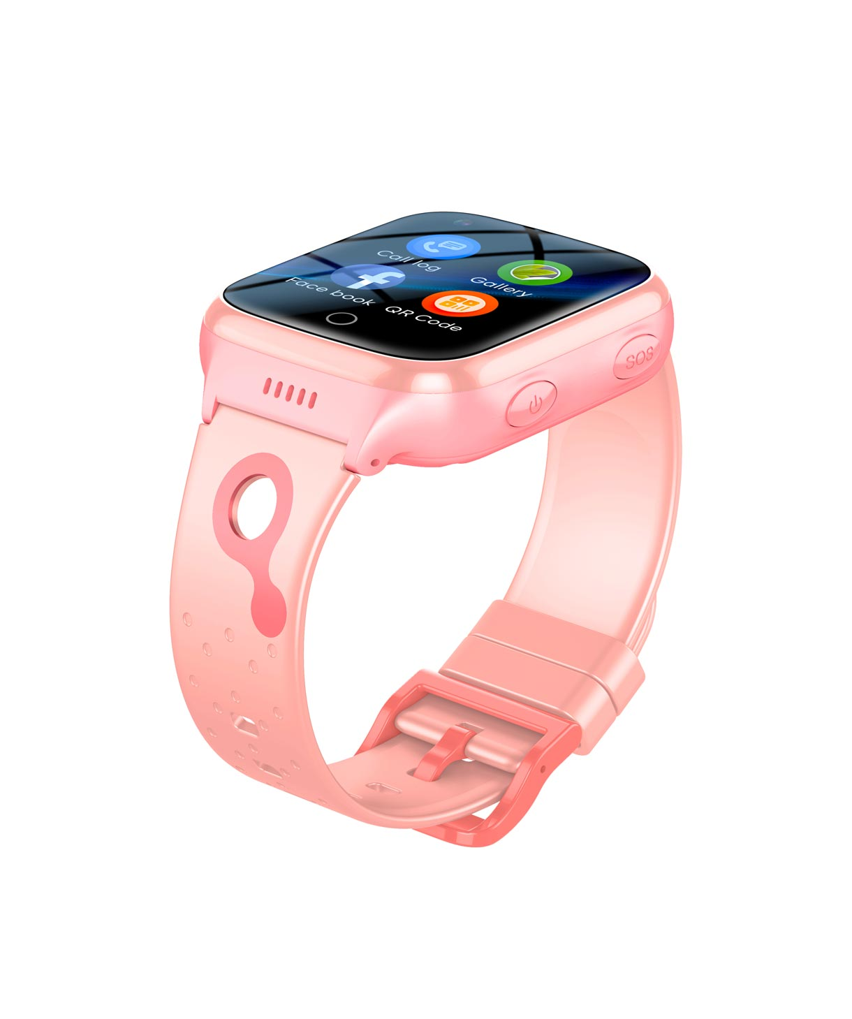 Smartwatch rosa con touchscreen e cinturino rosa, con icone sullo schermo.