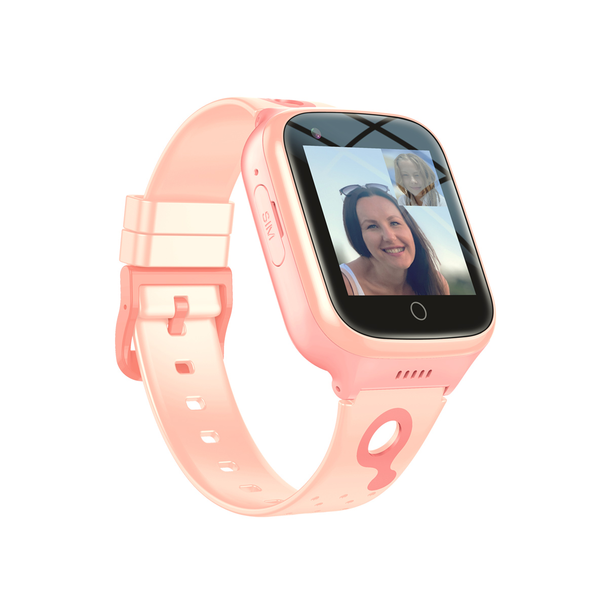 Smartwatch rosa che mostra una videochiamata, con due persone sullo schermo.