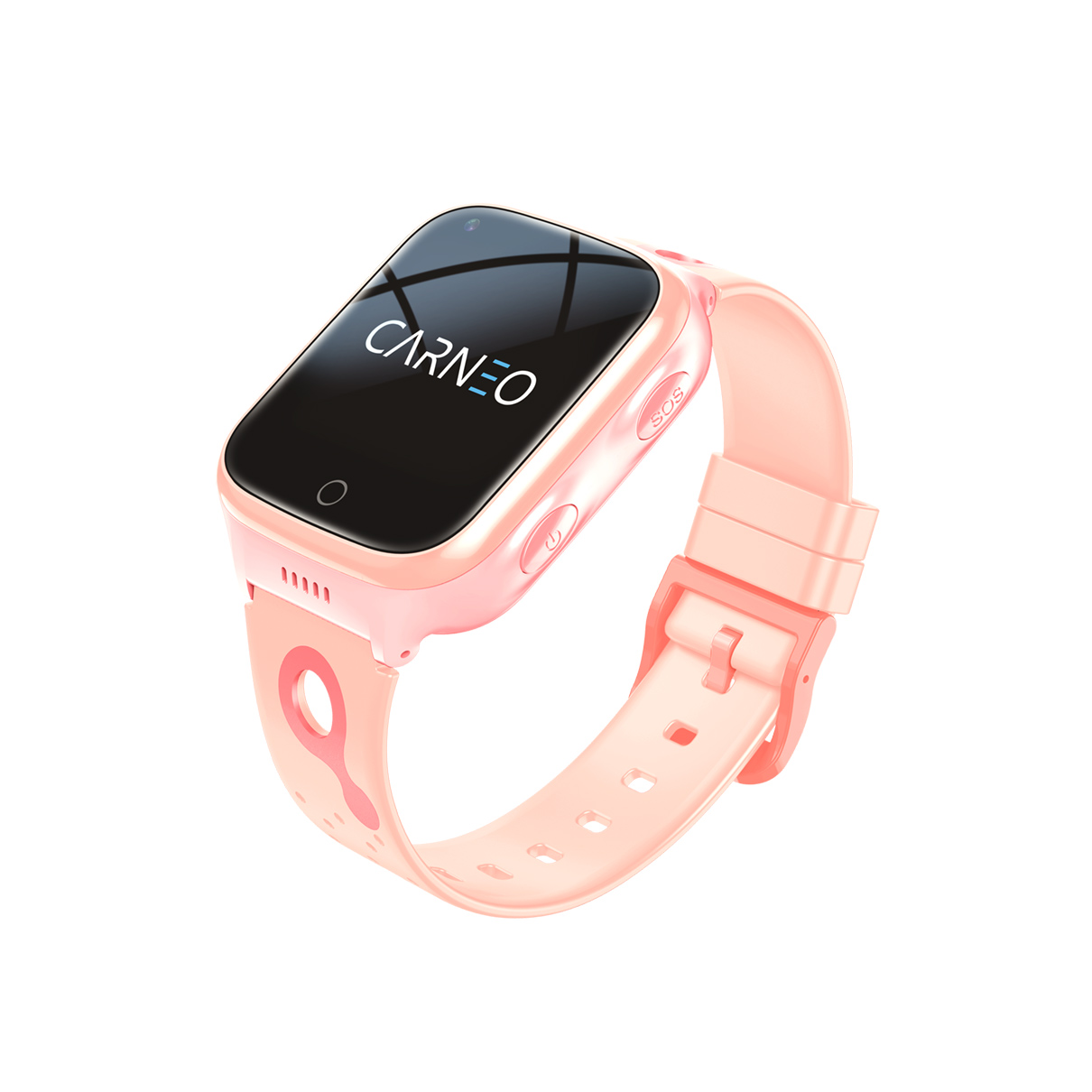 Smartwatch con cinturino rosa e schermo nero con il marchio CARNEO.