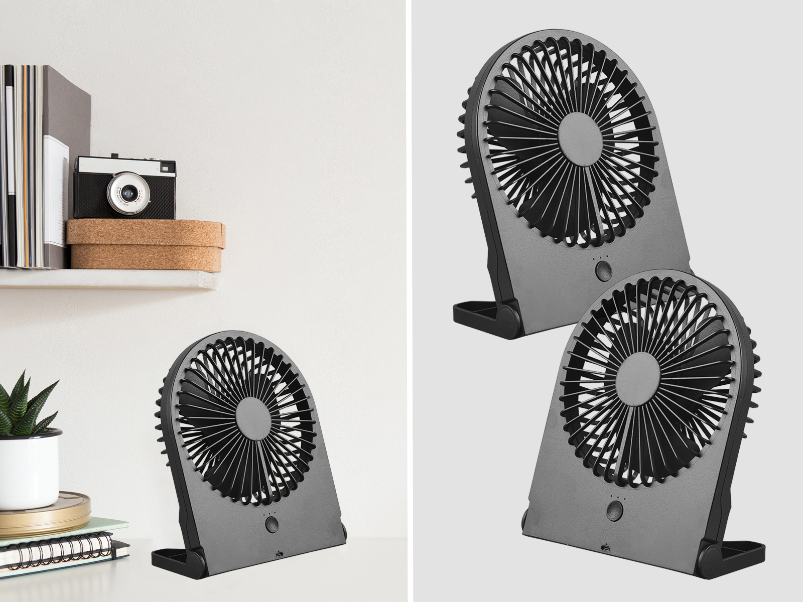 Zwei kleine graue Ventilatoren auf einem Schreibtisch und Regal.
