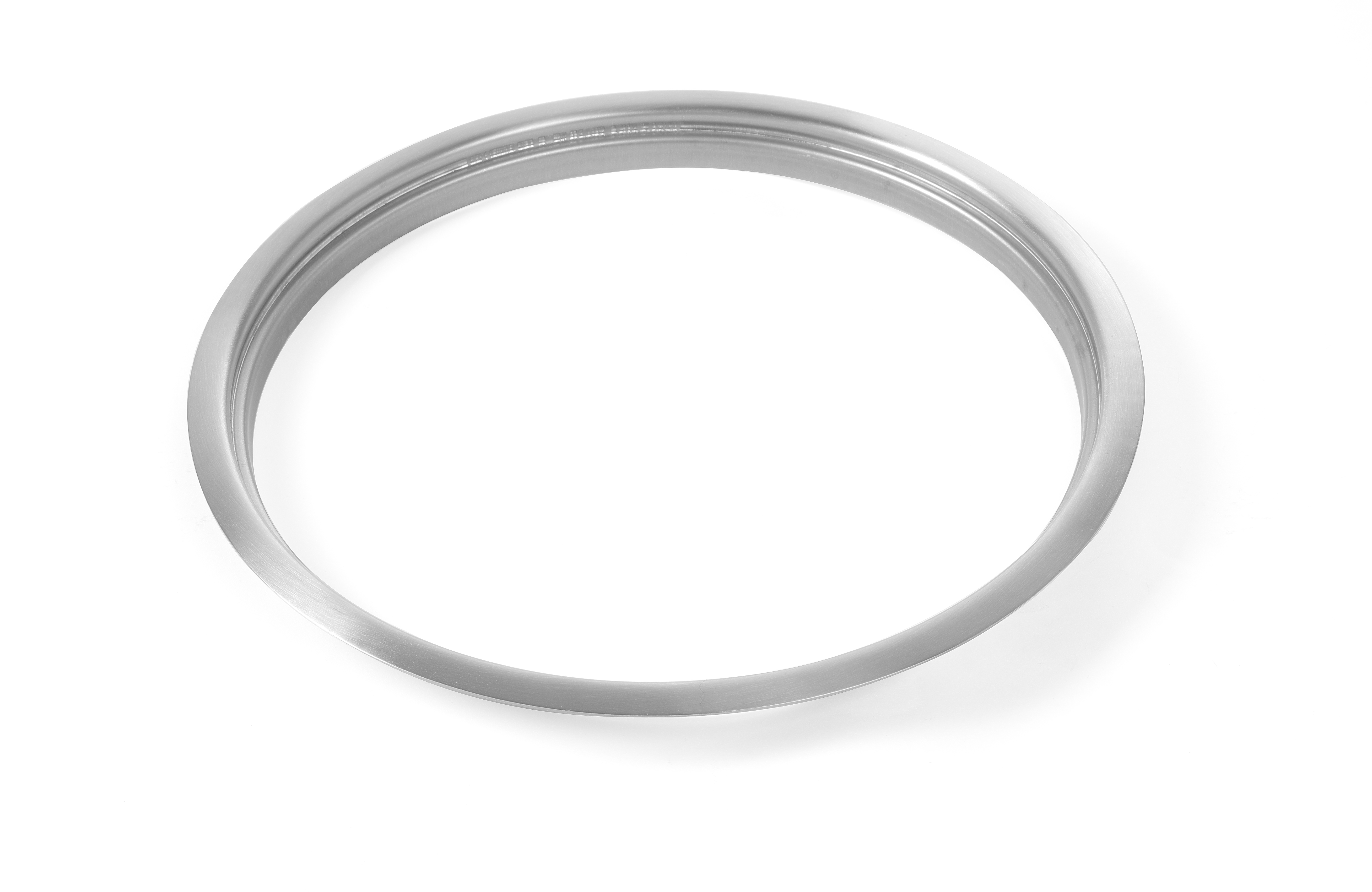 Anello di metallo argentato su sfondo bianco. È un oggetto semplice e circolare.